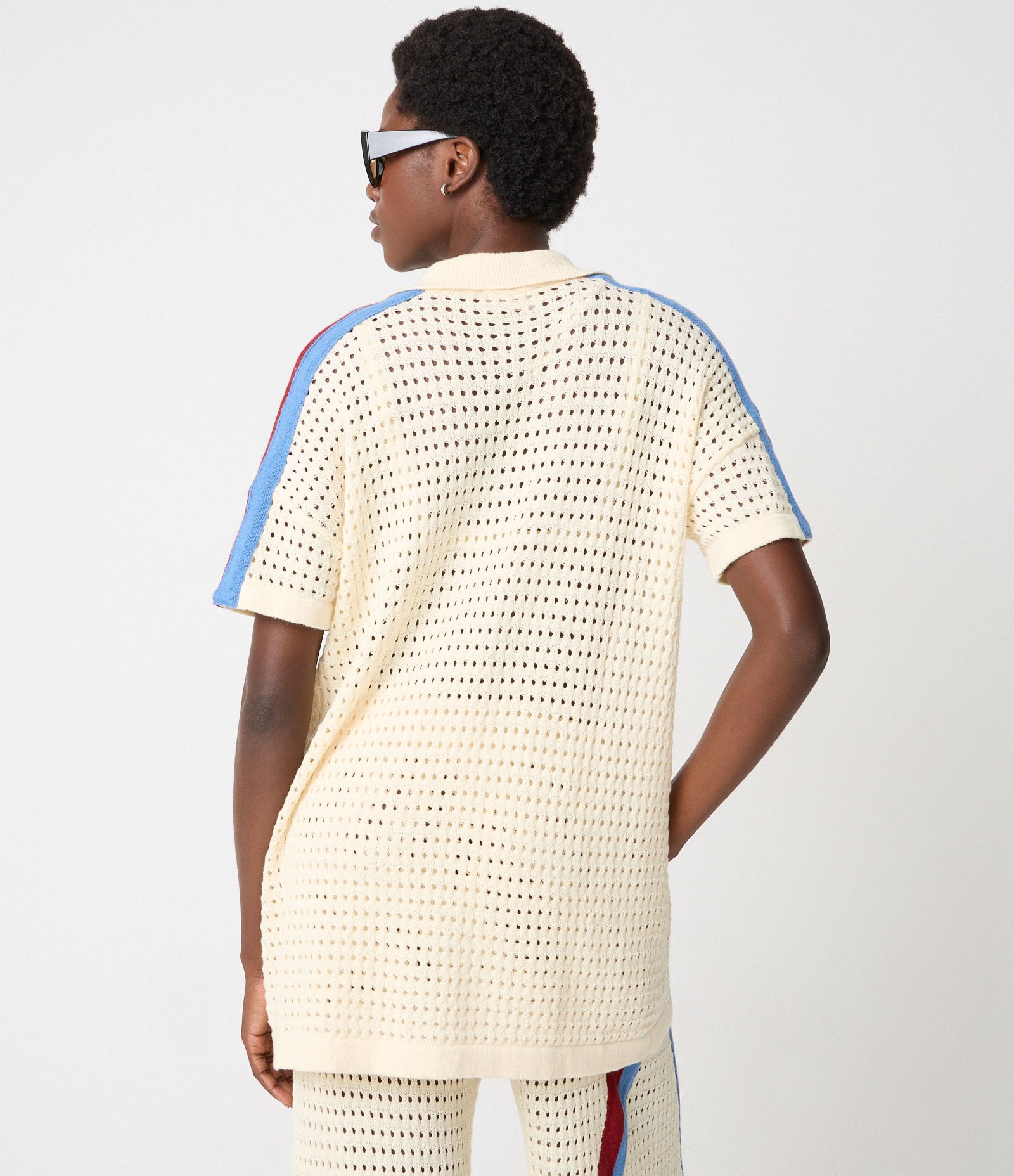Saída de Praia Blusa em Crochê com Gola Polo e Listras Diagonais Amarelo 4