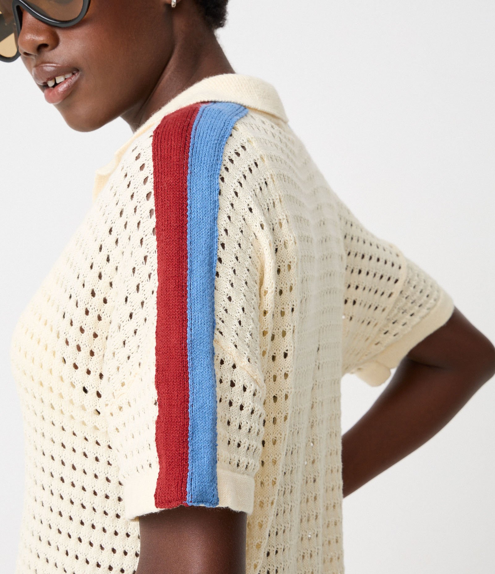 Saída de Praia Blusa em Crochê com Gola Polo e Listras Diagonais Amarelo 5