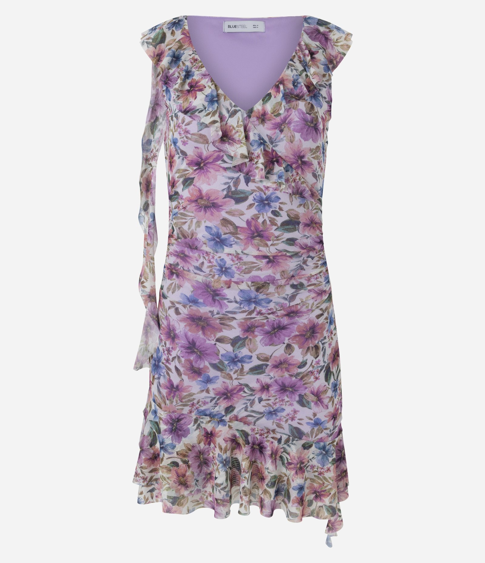Vestido Curto em Tule com Estampa Floral e Barra Assimétrica Roxo 5