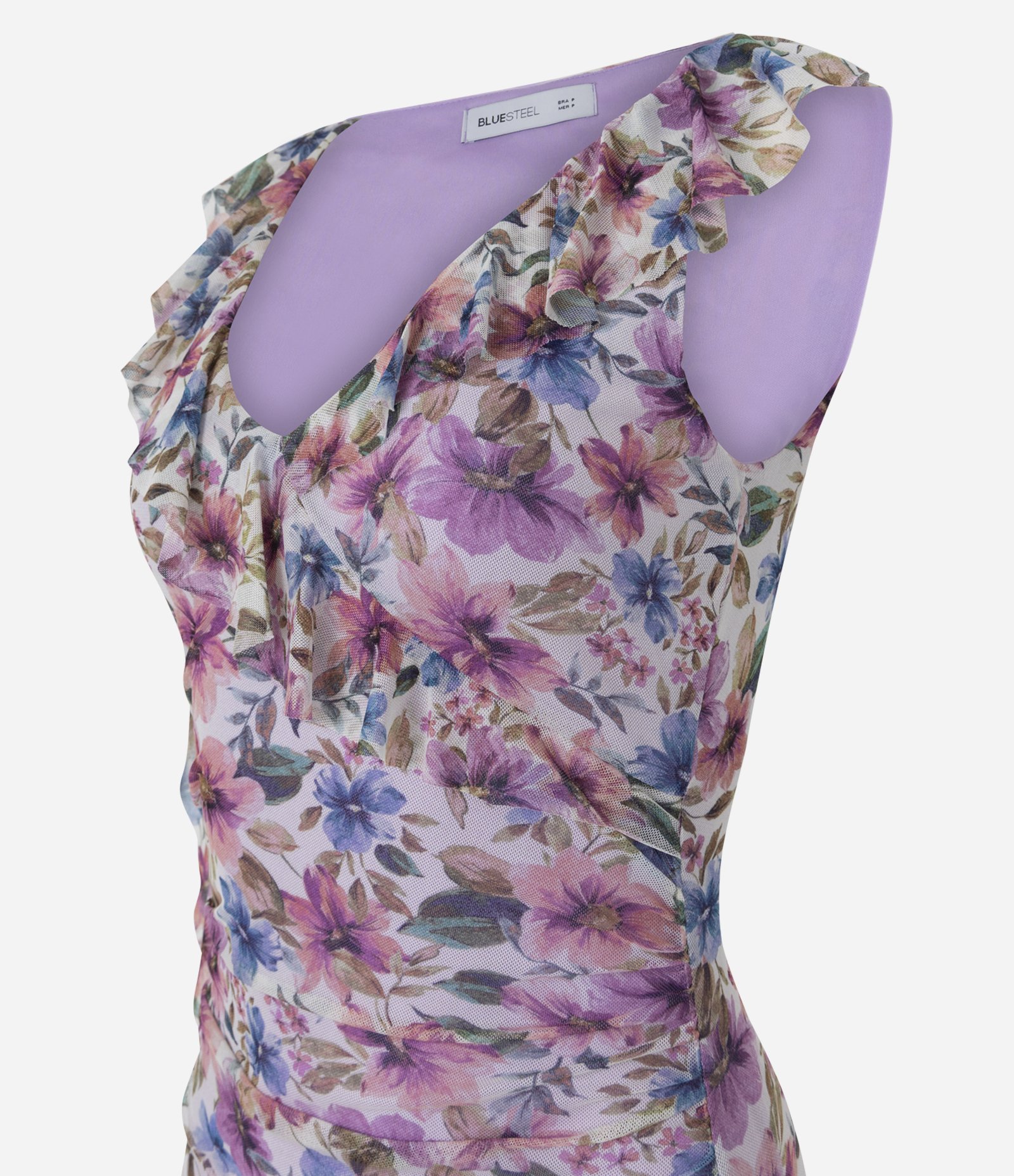 Vestido Curto em Tule com Estampa Floral e Barra Assimétrica Roxo 6