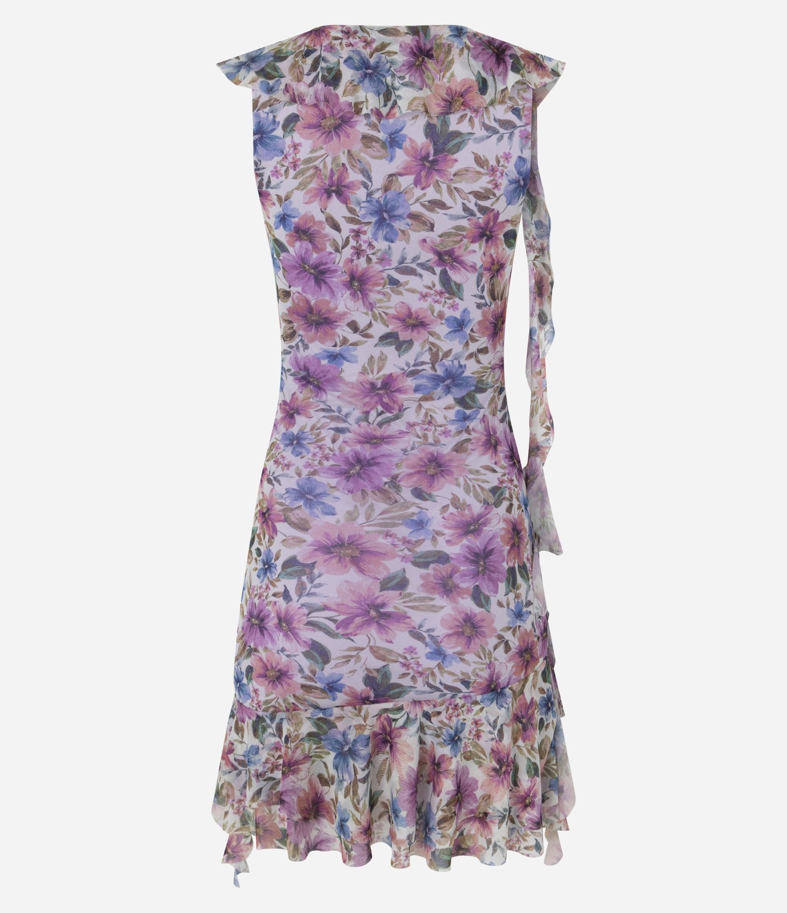 Vestido Curto em Tule com Estampa Floral e Barra Assimétrica Roxo 7