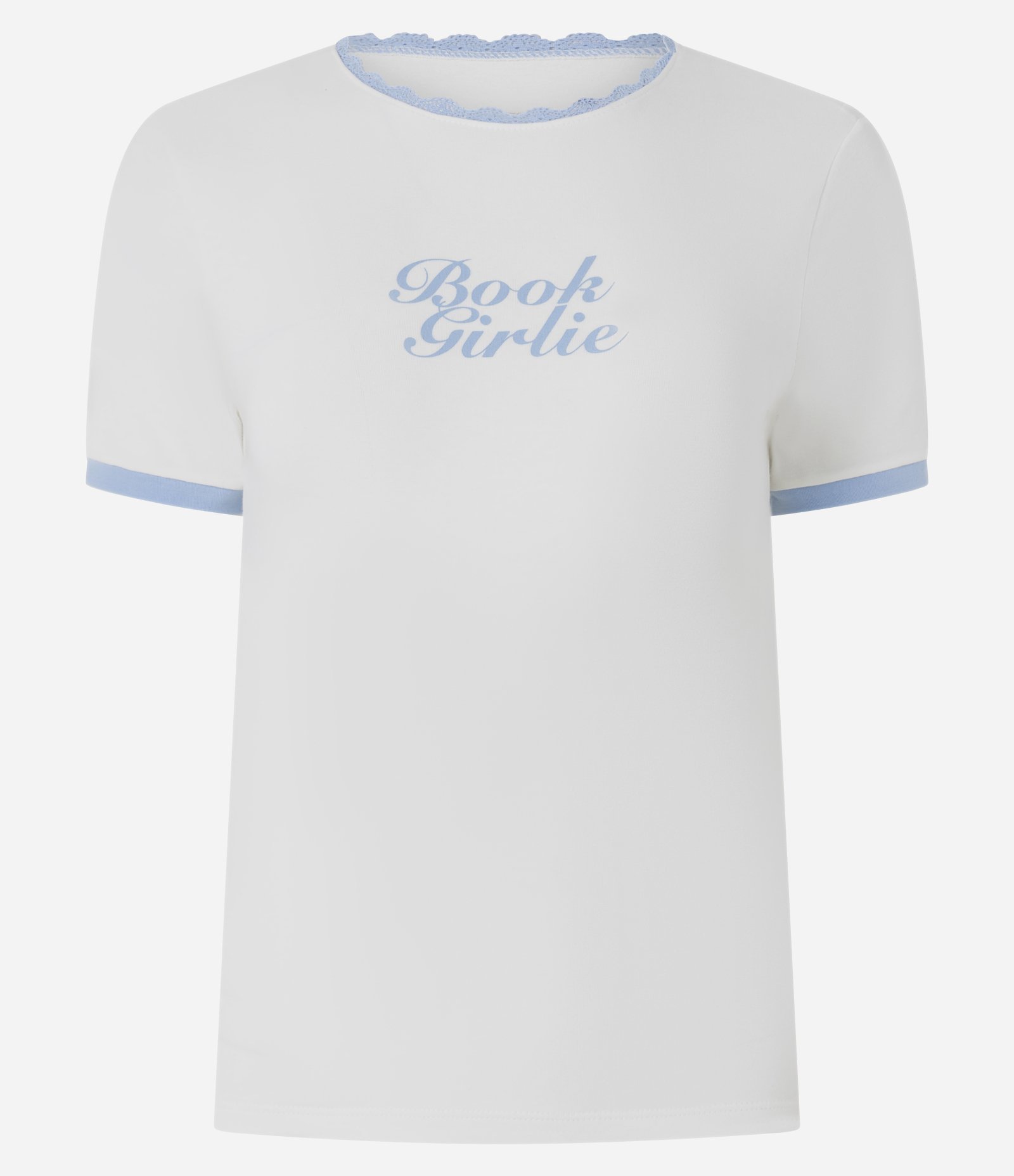 Camiseta com Lettering Book Girlie e Gola com Acabamento em Renda Branco 5