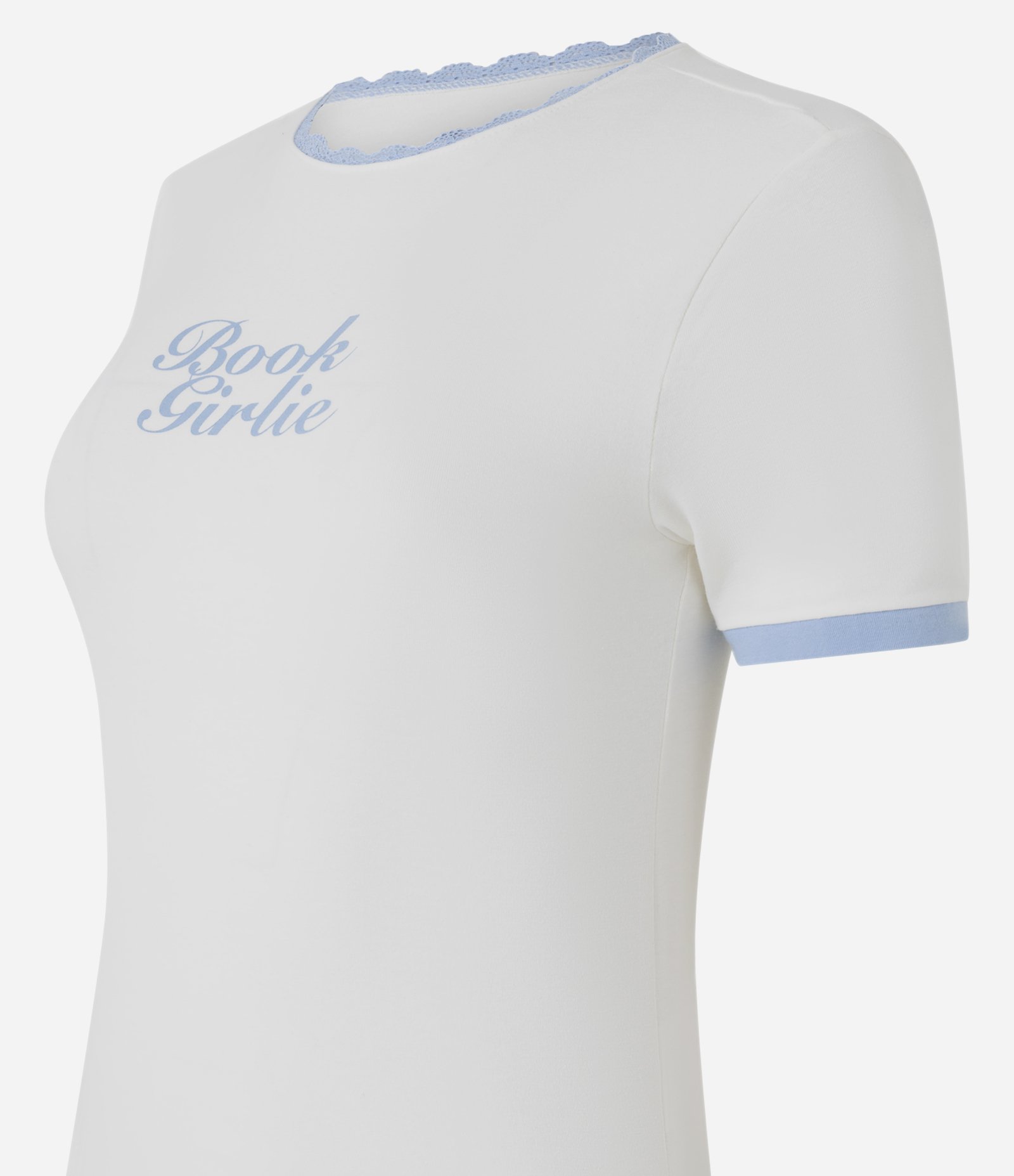 Camiseta com Lettering Book Girlie e Gola com Acabamento em Renda Branco 6