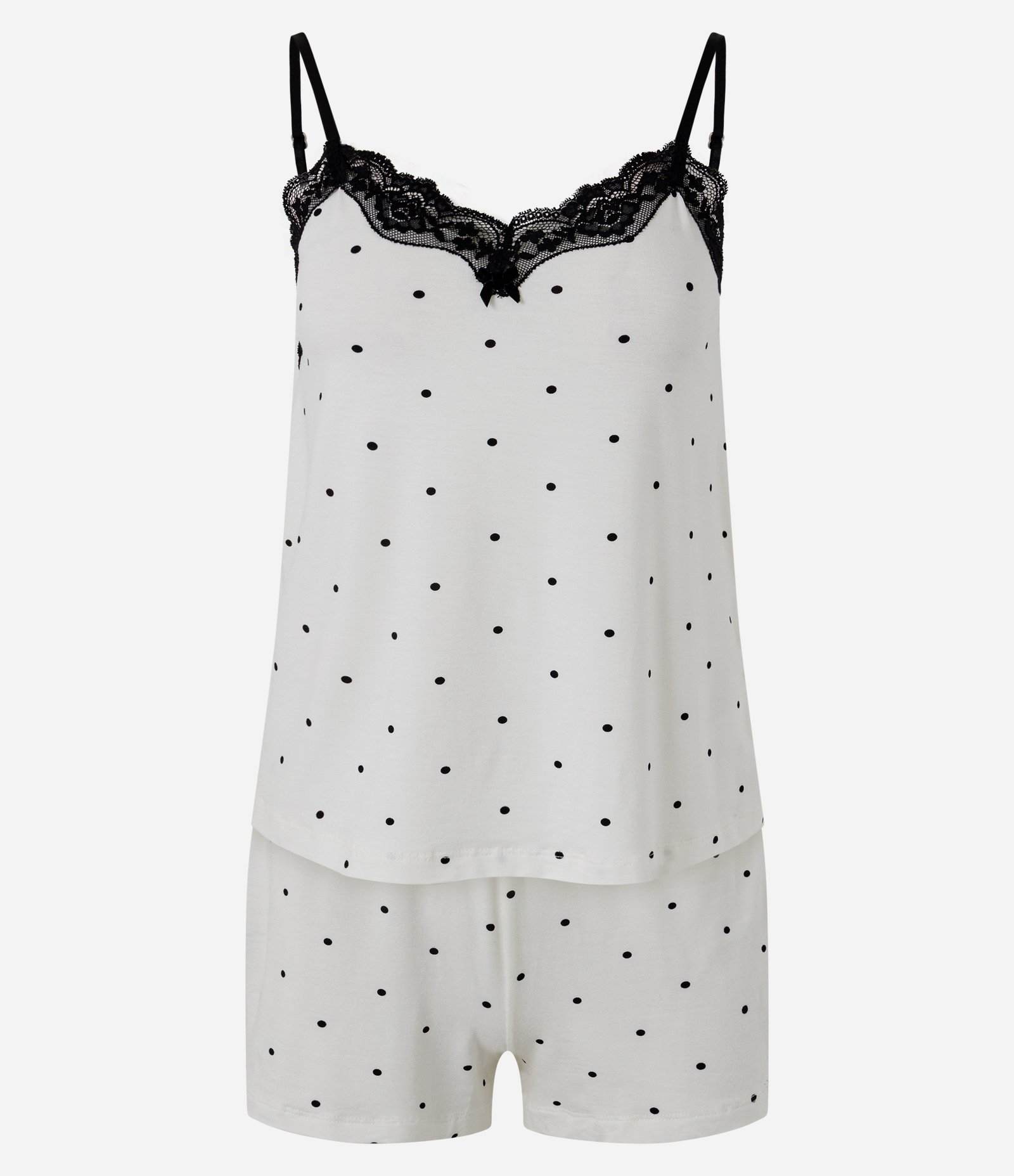 Pijama Regular em Viscolycra Poá com Renda Branco 1