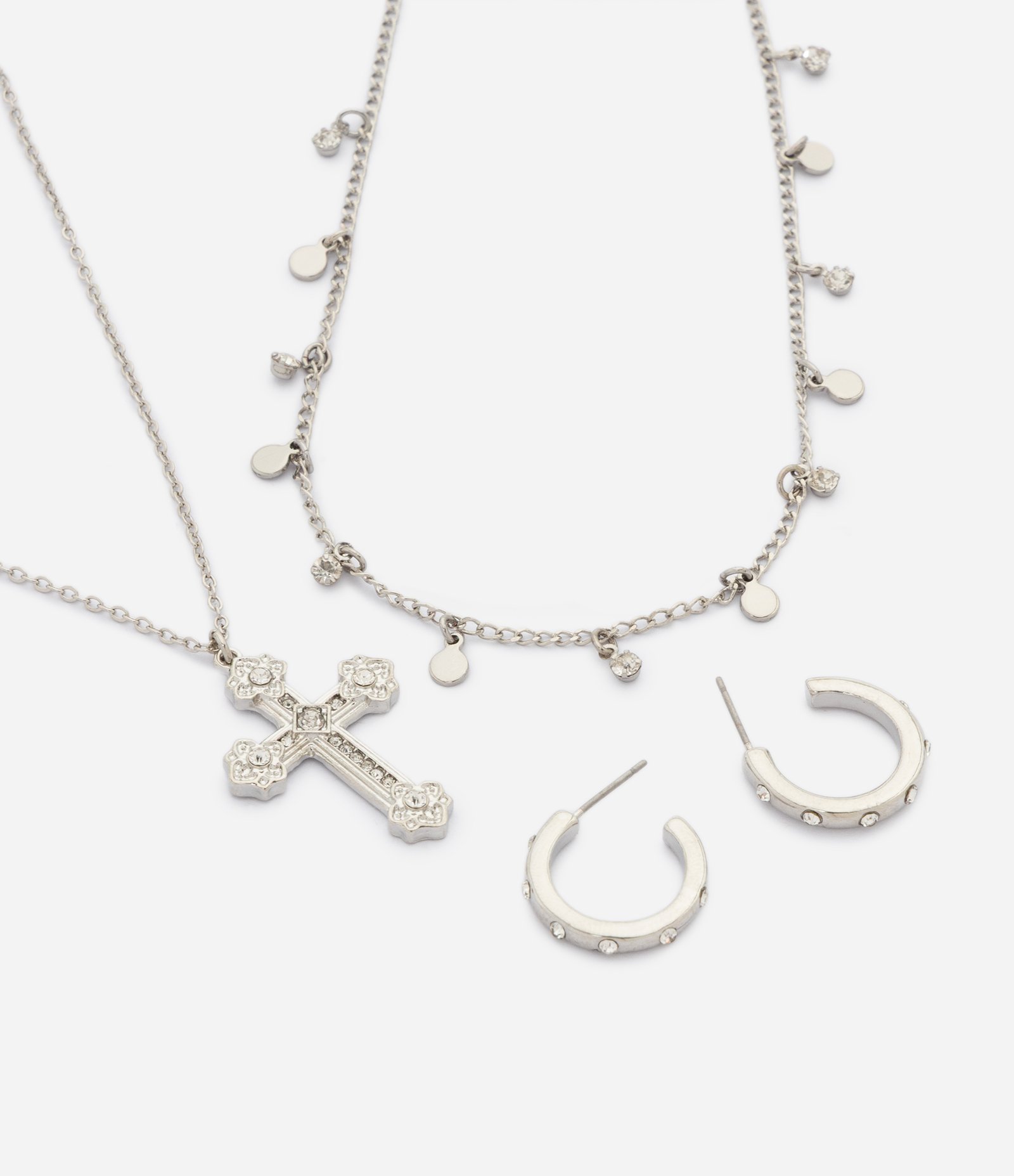 Conjunto de Colar em Camadas e Brincos com Pingente de Cruz Prata 2