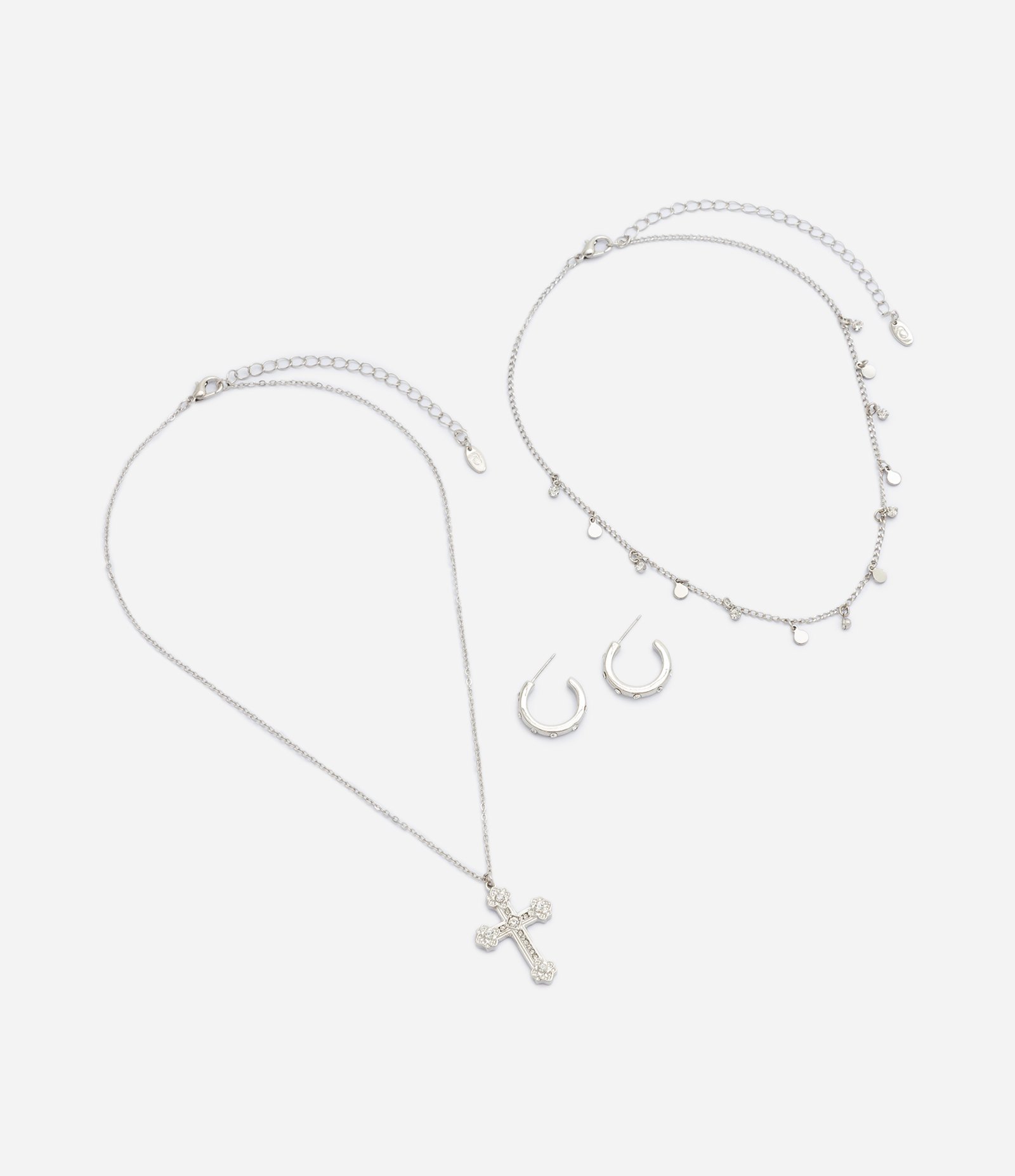 Conjunto de Colar em Camadas e Brincos com Pingente de Cruz Prata 3
