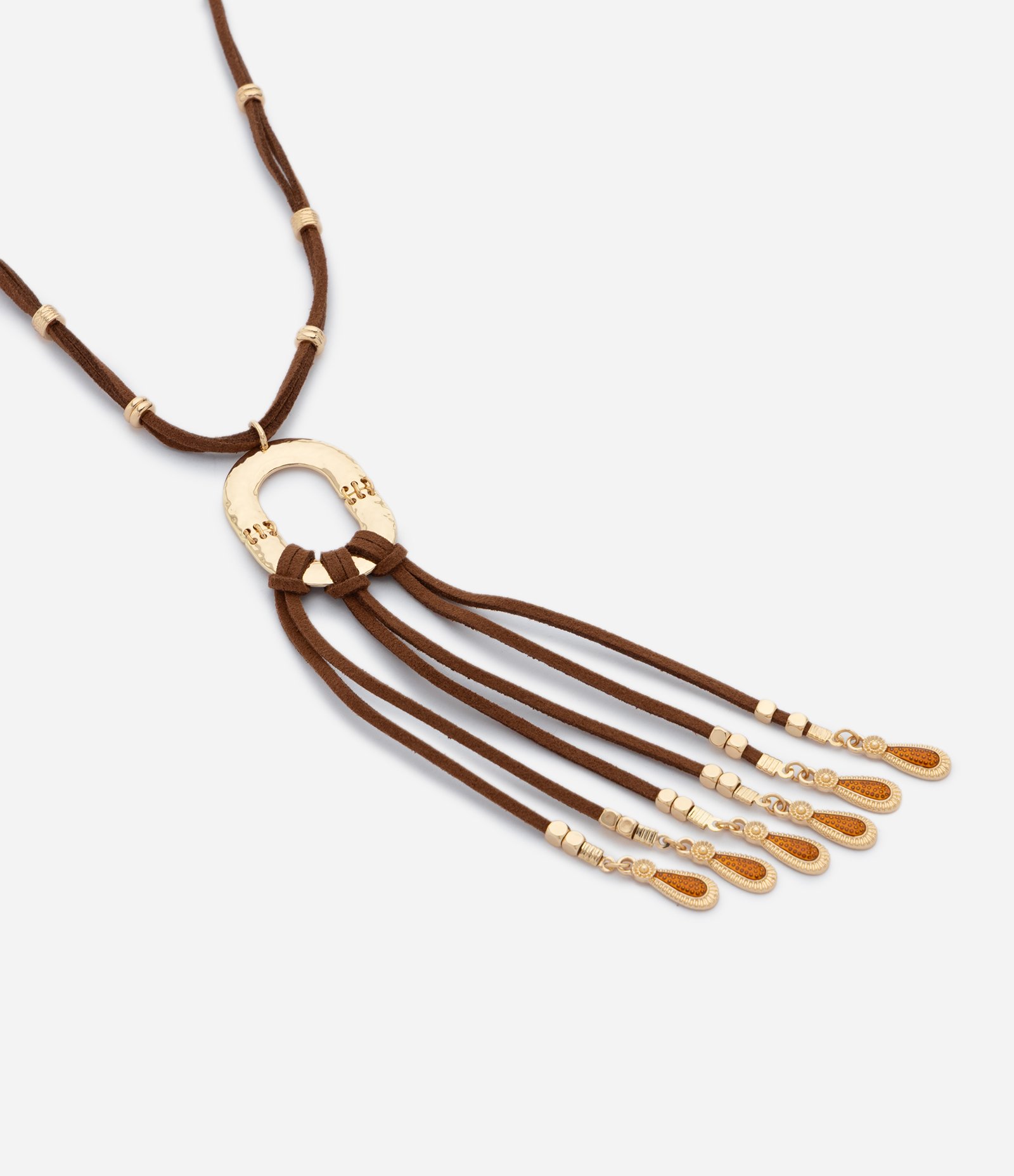 Colar Longo com Pingente Tassel e Detalhes Metálicos Marrom/Dourado 1