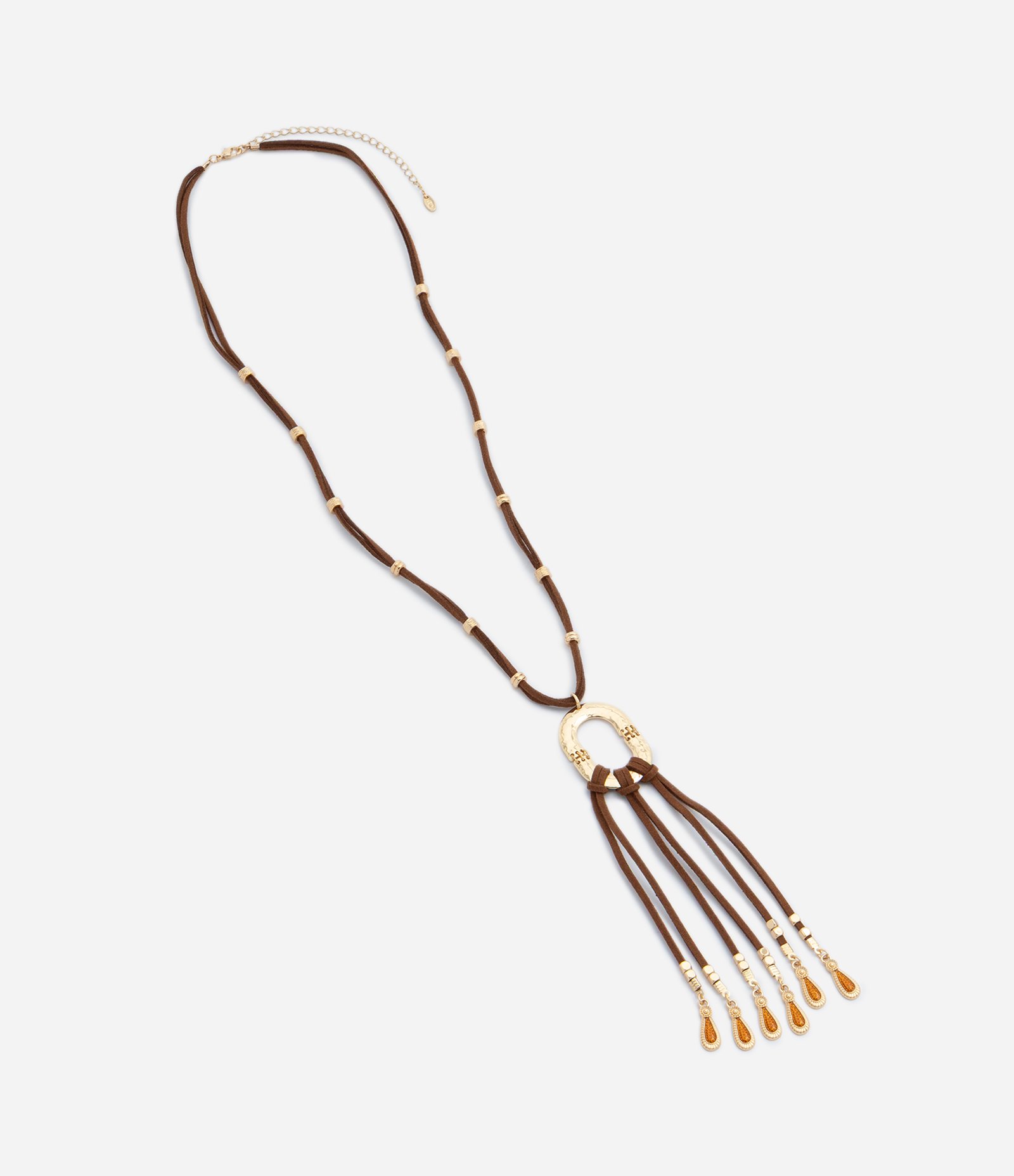 Colar Longo com Pingente Tassel e Detalhes Metálicos Marrom/Dourado 2