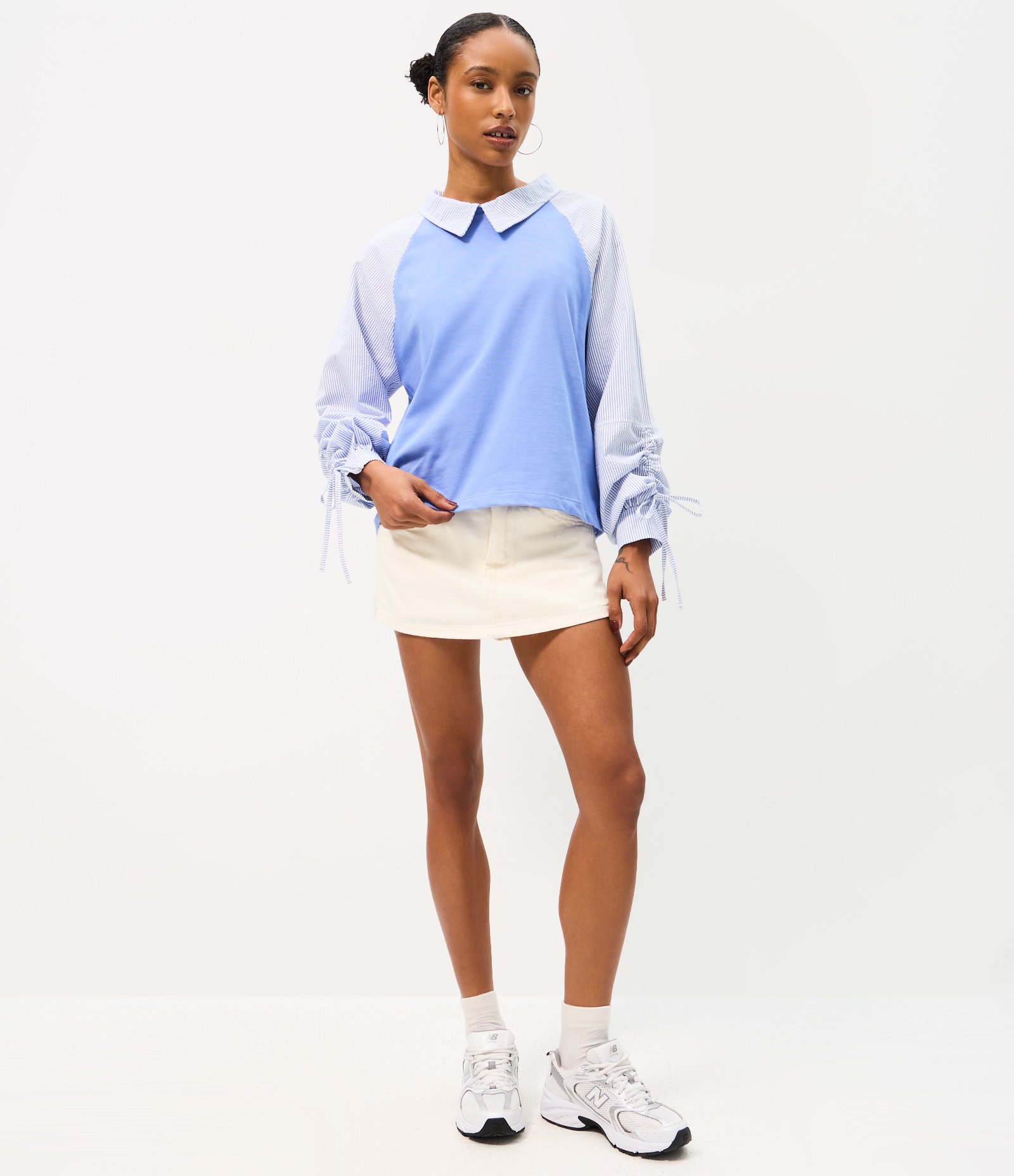 Blusa Manga Longa em Algodão com Mangas Listradas Azul 2