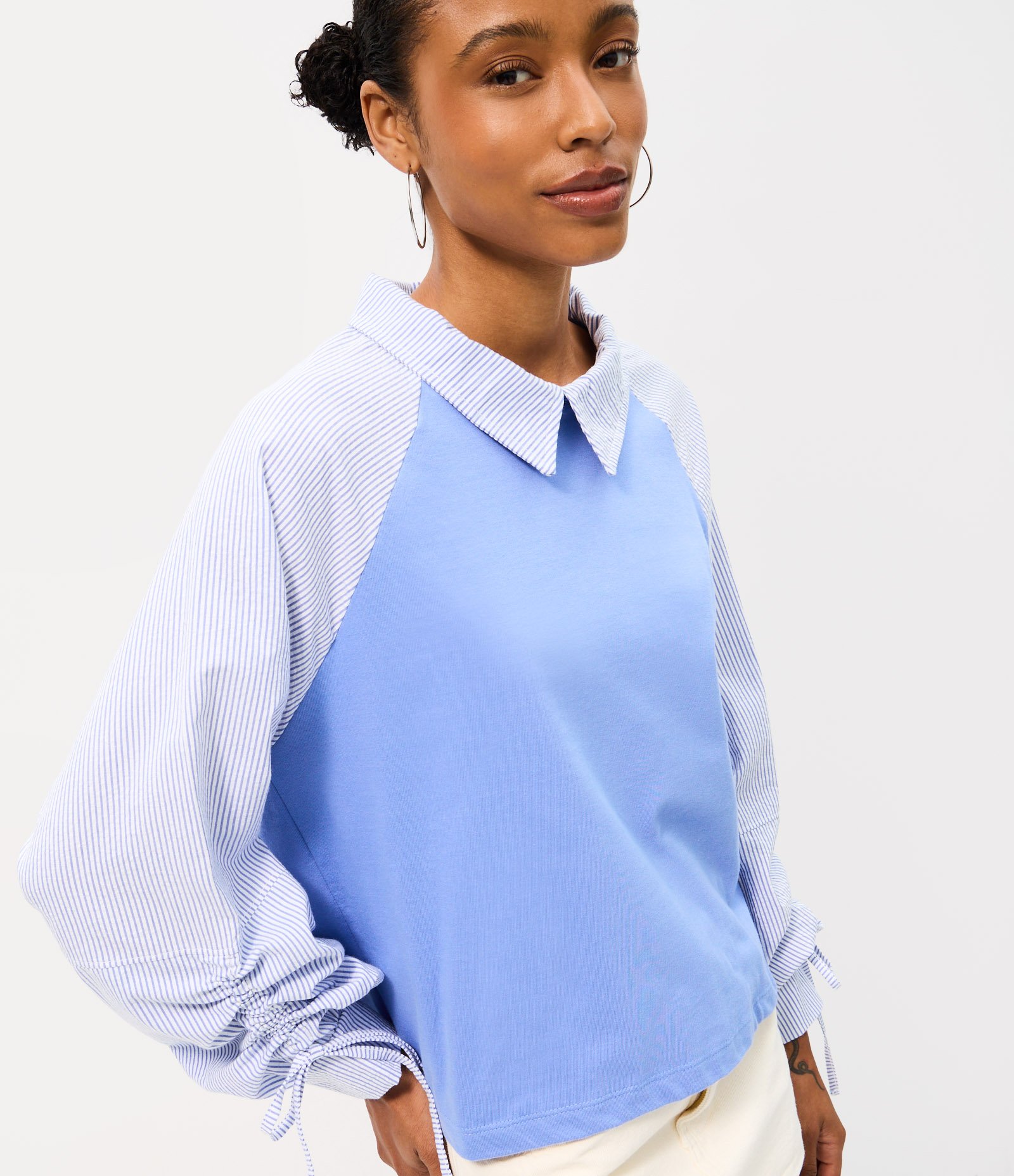Blusa Manga Longa em Algodão com Mangas Listradas Azul 3