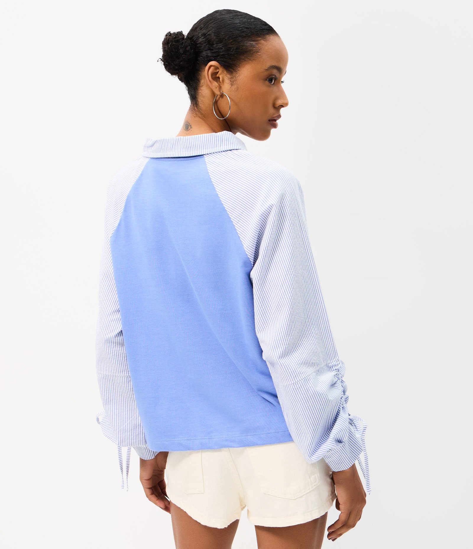 Blusa Manga Longa em Algodão com Mangas Listradas Azul 4
