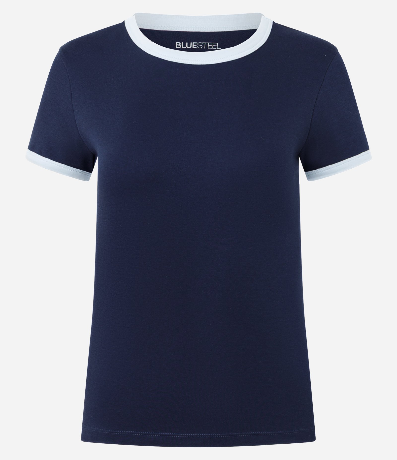 Blusa Baby Look em Algodão Peruano com Gola Contrastantes Azul Marinho 2