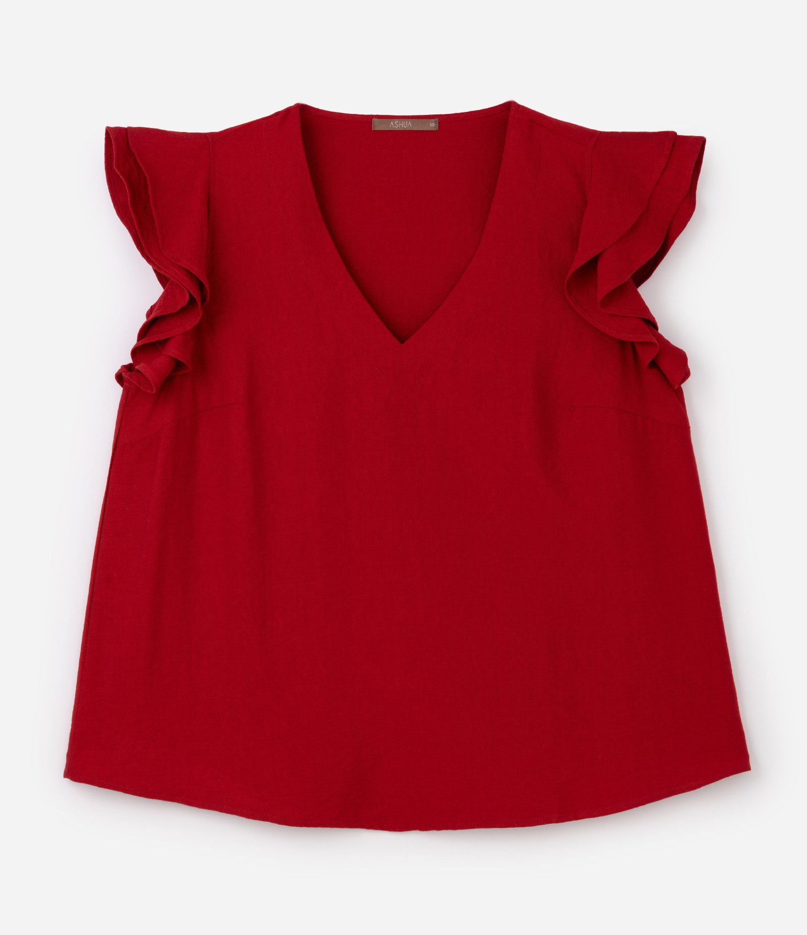 Blusa em Viscose com Babado Godê e Gola V Curve & Plus Size Vermelho 1