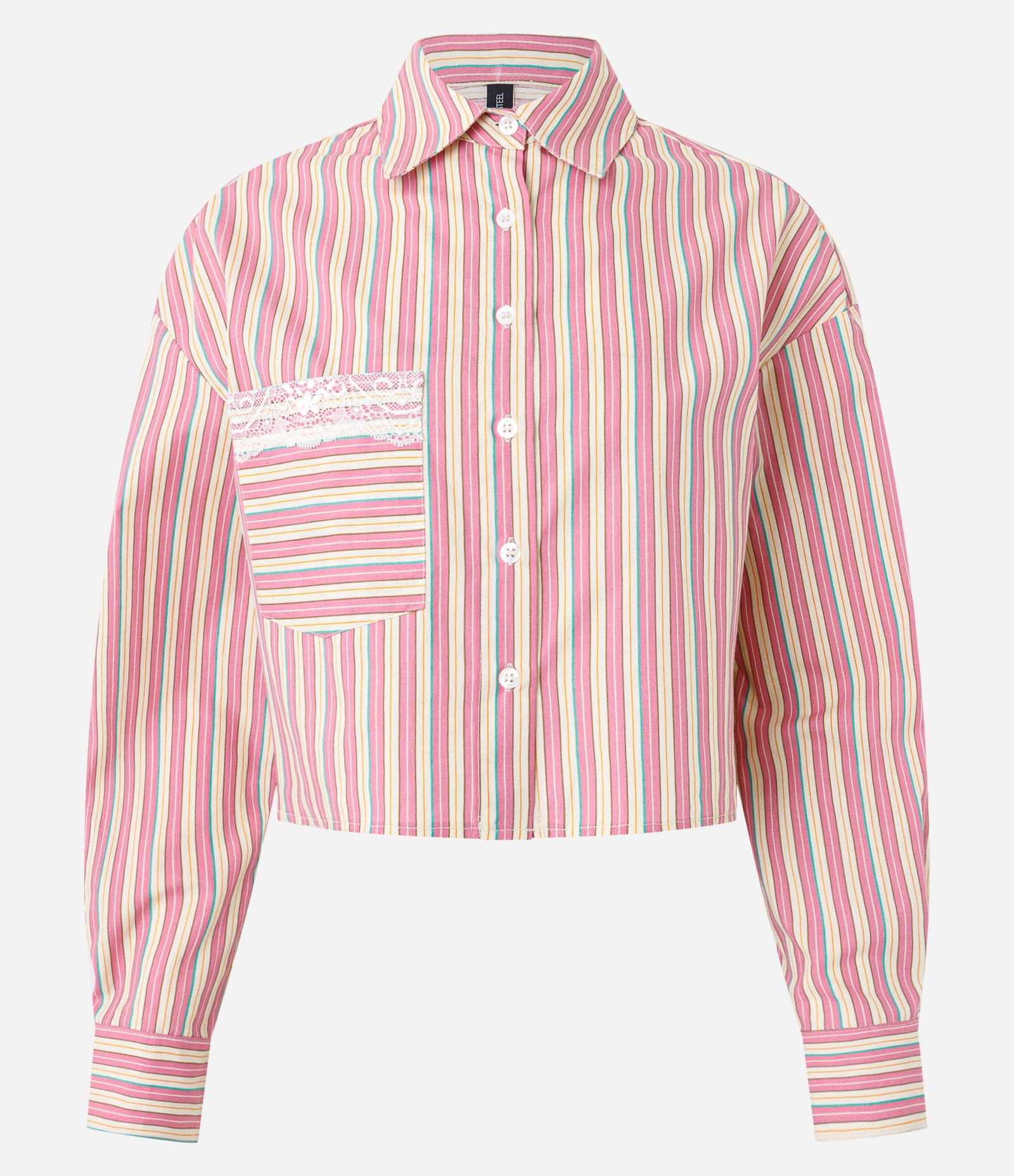 Camisa Cropped em Tricoline Listrado com Gola Padre e Bolso com Renda Rosa 5