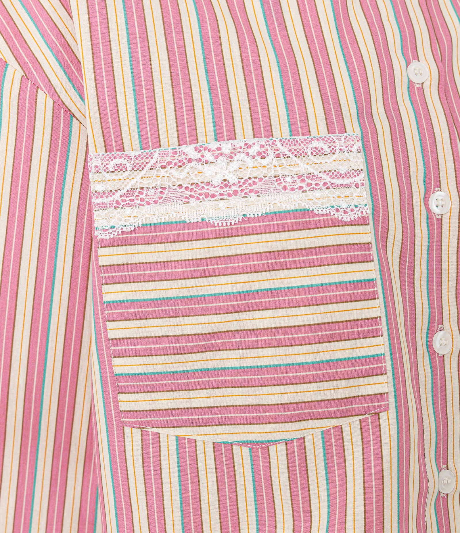 Camisa Cropped em Tricoline Listrado com Gola Padre e Bolso com Renda Rosa 6