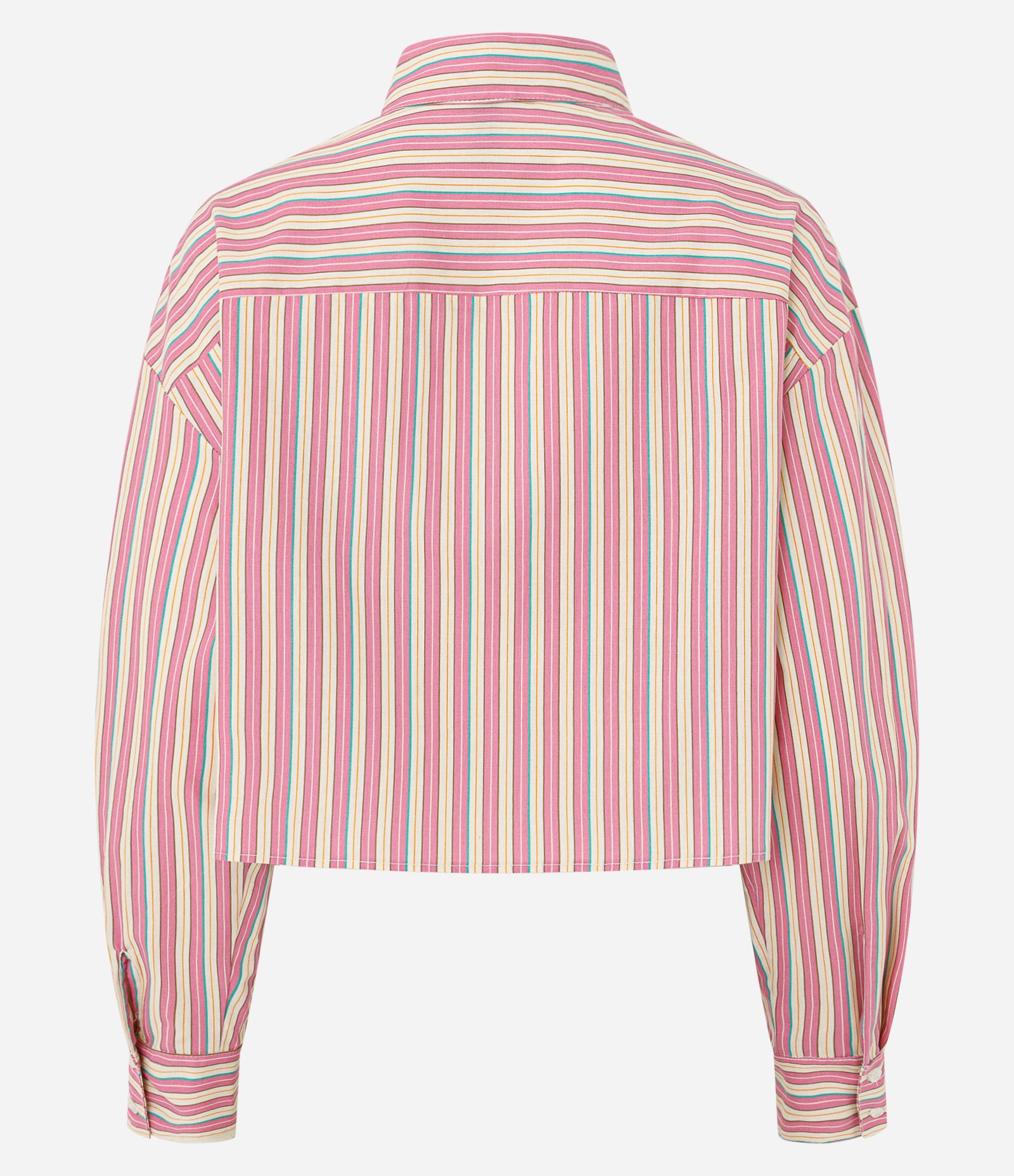 Camisa Cropped em Tricoline Listrado com Gola Padre e Bolso com Renda Rosa 7
