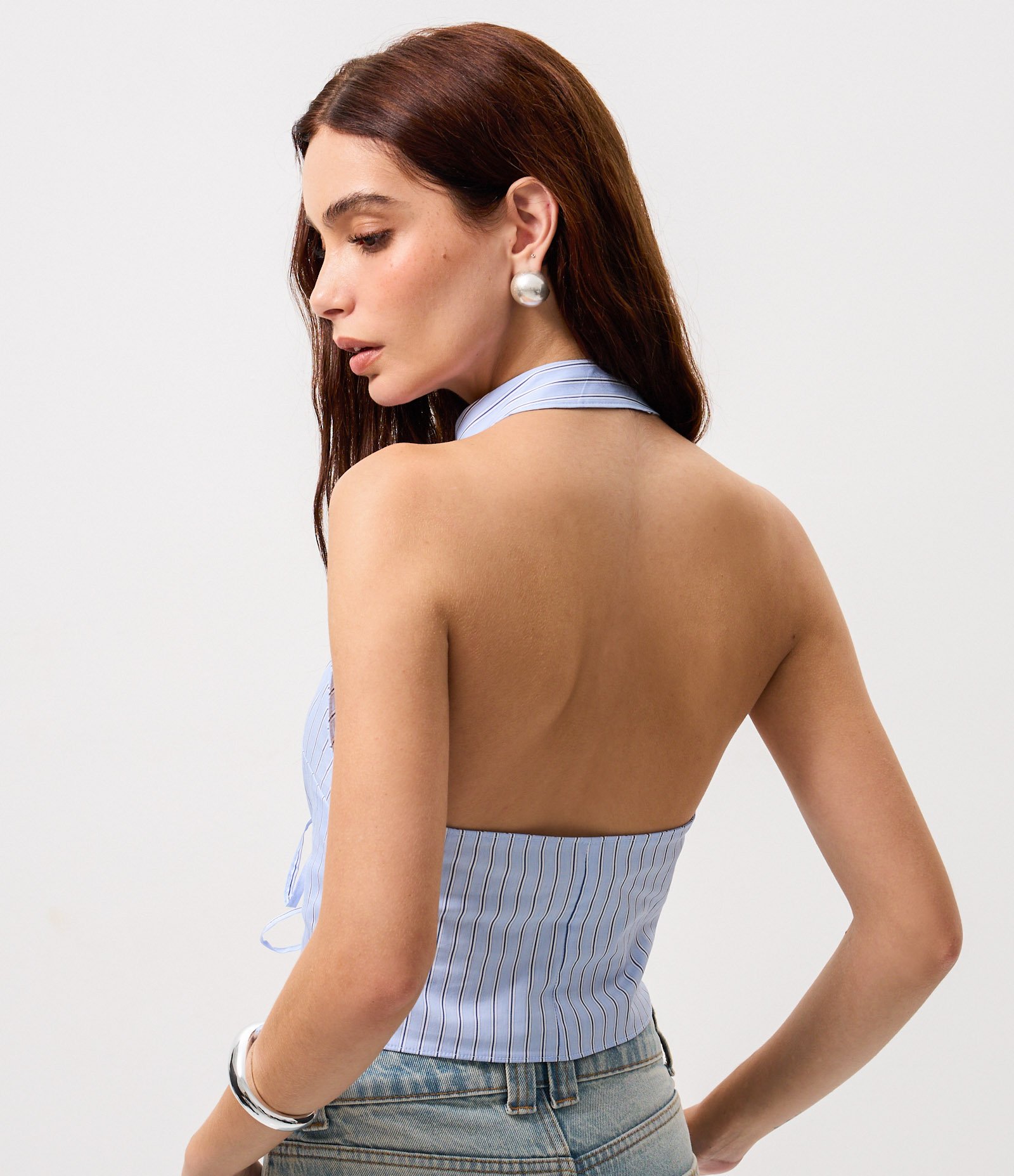 Blusa Frente Única em Algodão com Fechos em Nó Duplo Azul 4