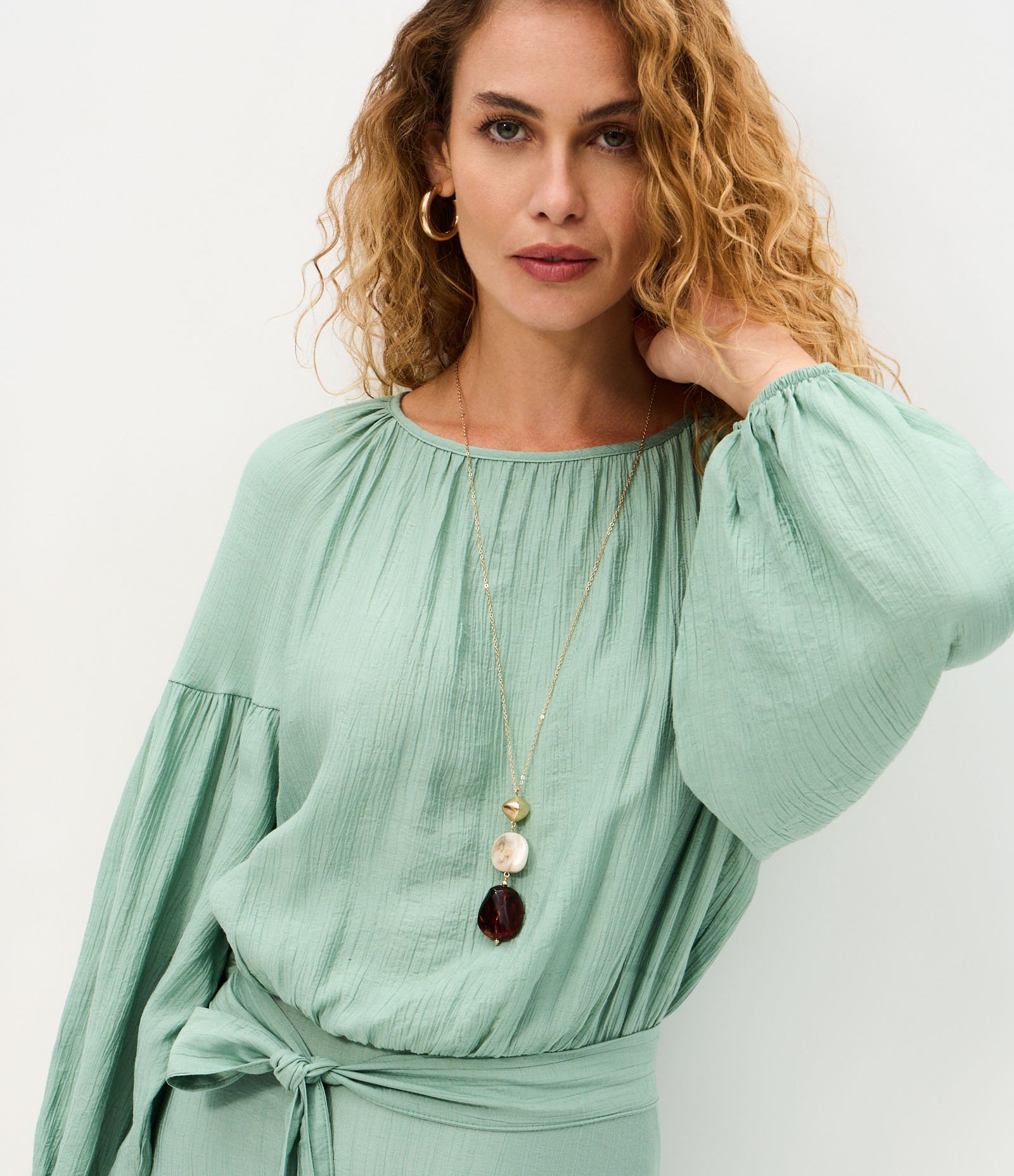 Vestido Midi com Amarração na Cintura e Mangas Longas Verde 3