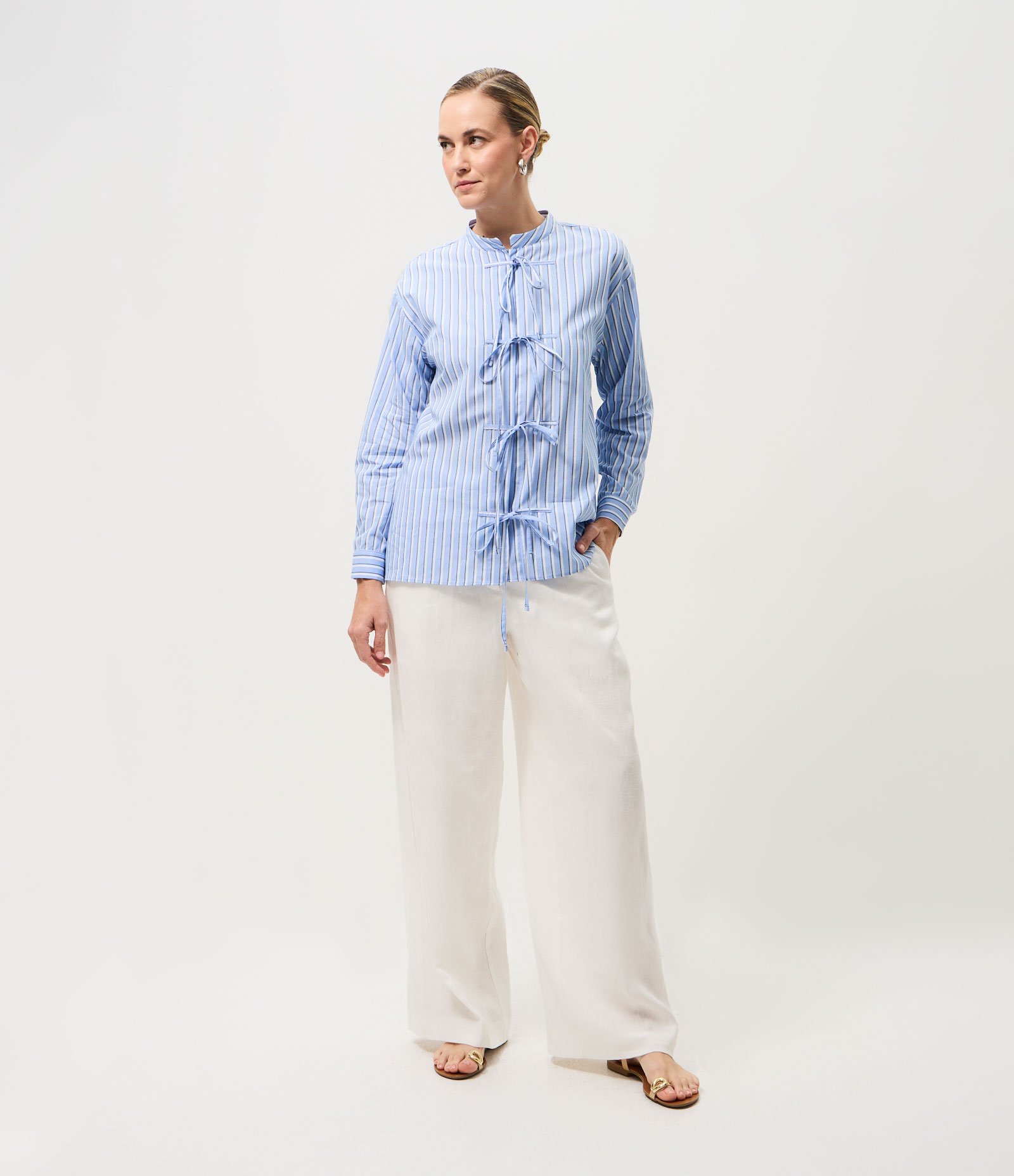 Camisa em Tricoline com Estampa Listrada Azul 2
