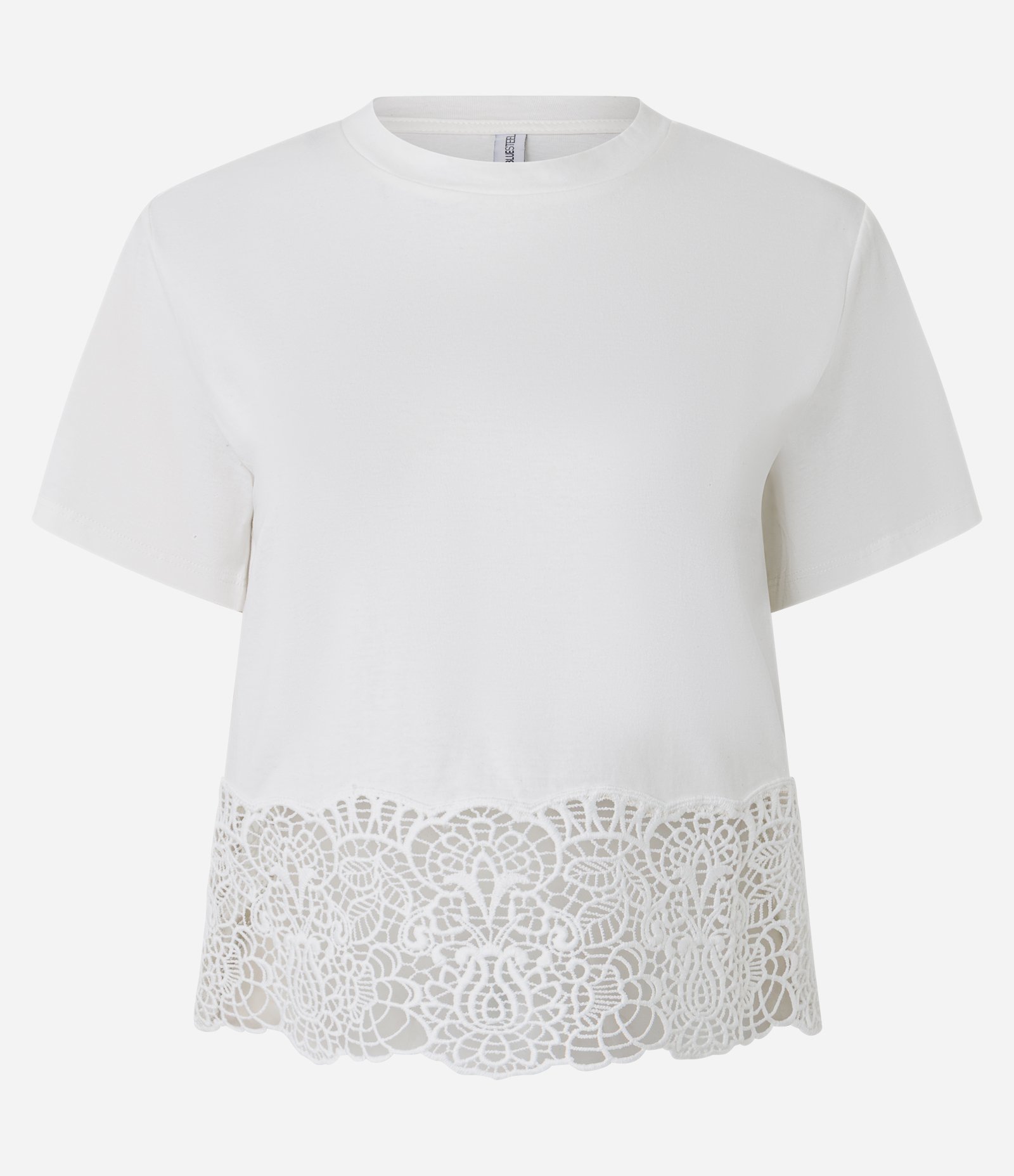 Camiseta em Algodão com Aplicação de Renda na Barra Branco 1