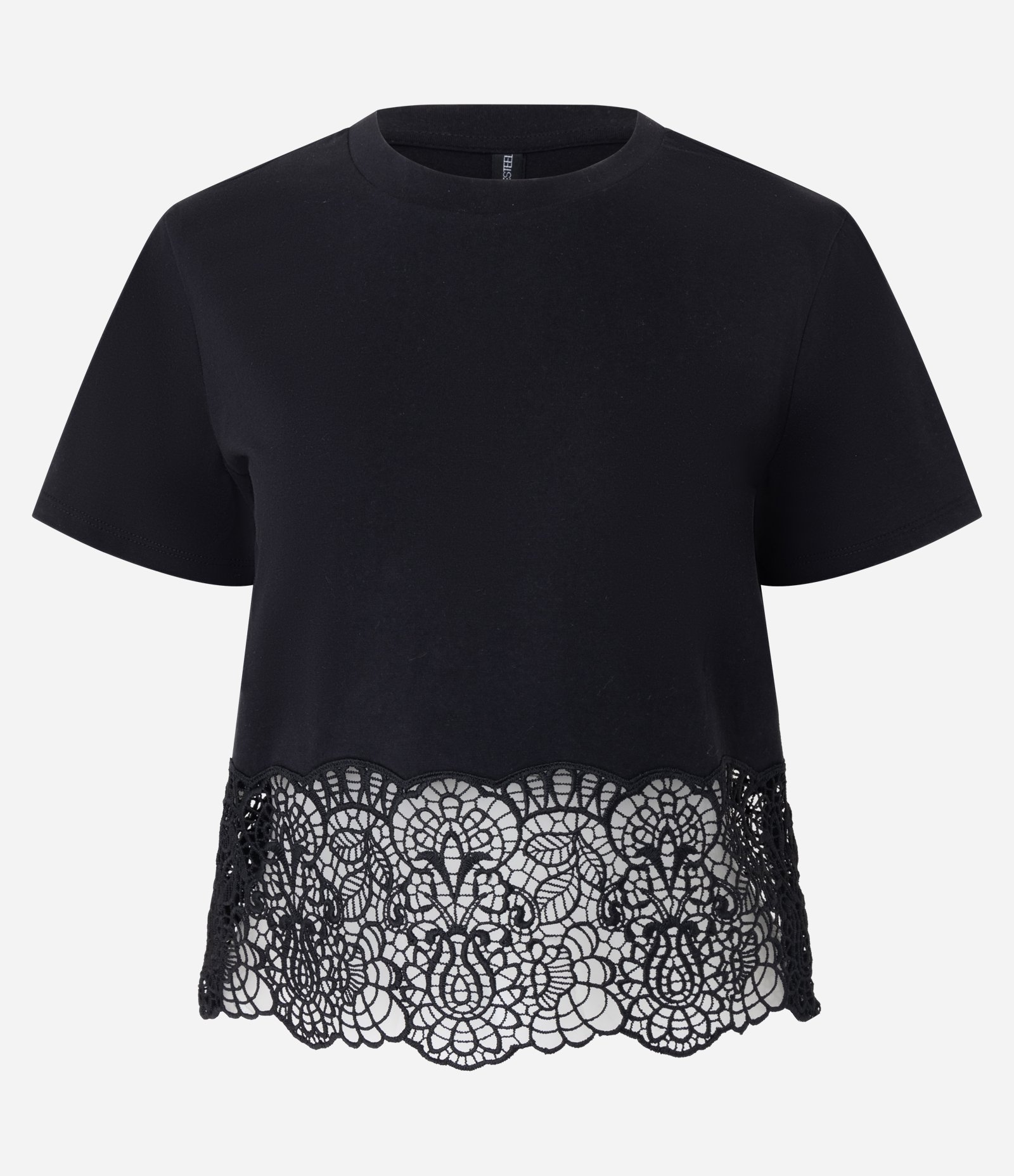 Camiseta em Algodão com Aplicação de Renda na Barra Preto 1