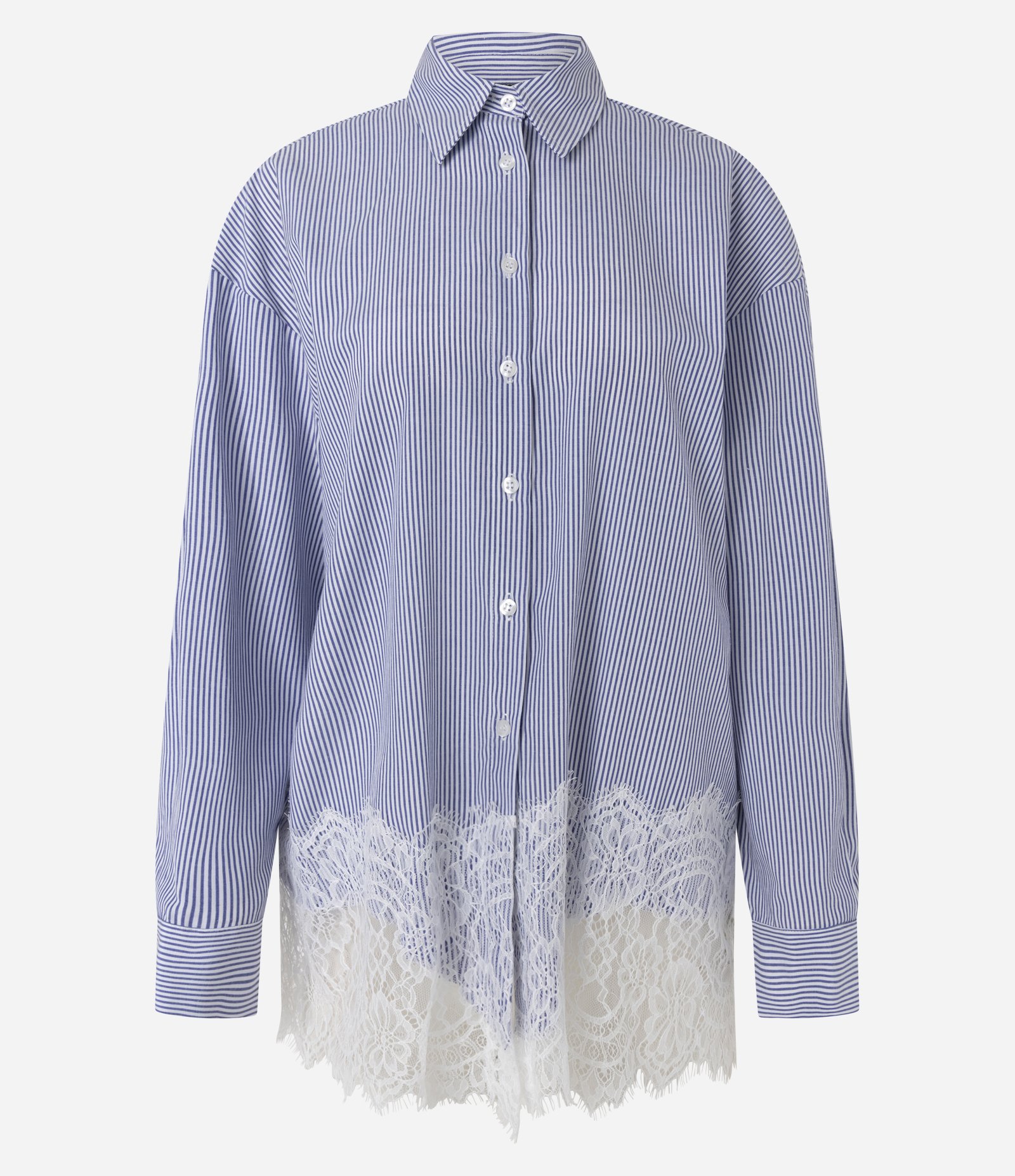 Camisa em Tricoline Listrada com Aplicação de Renda na Barra Azul Safira 1