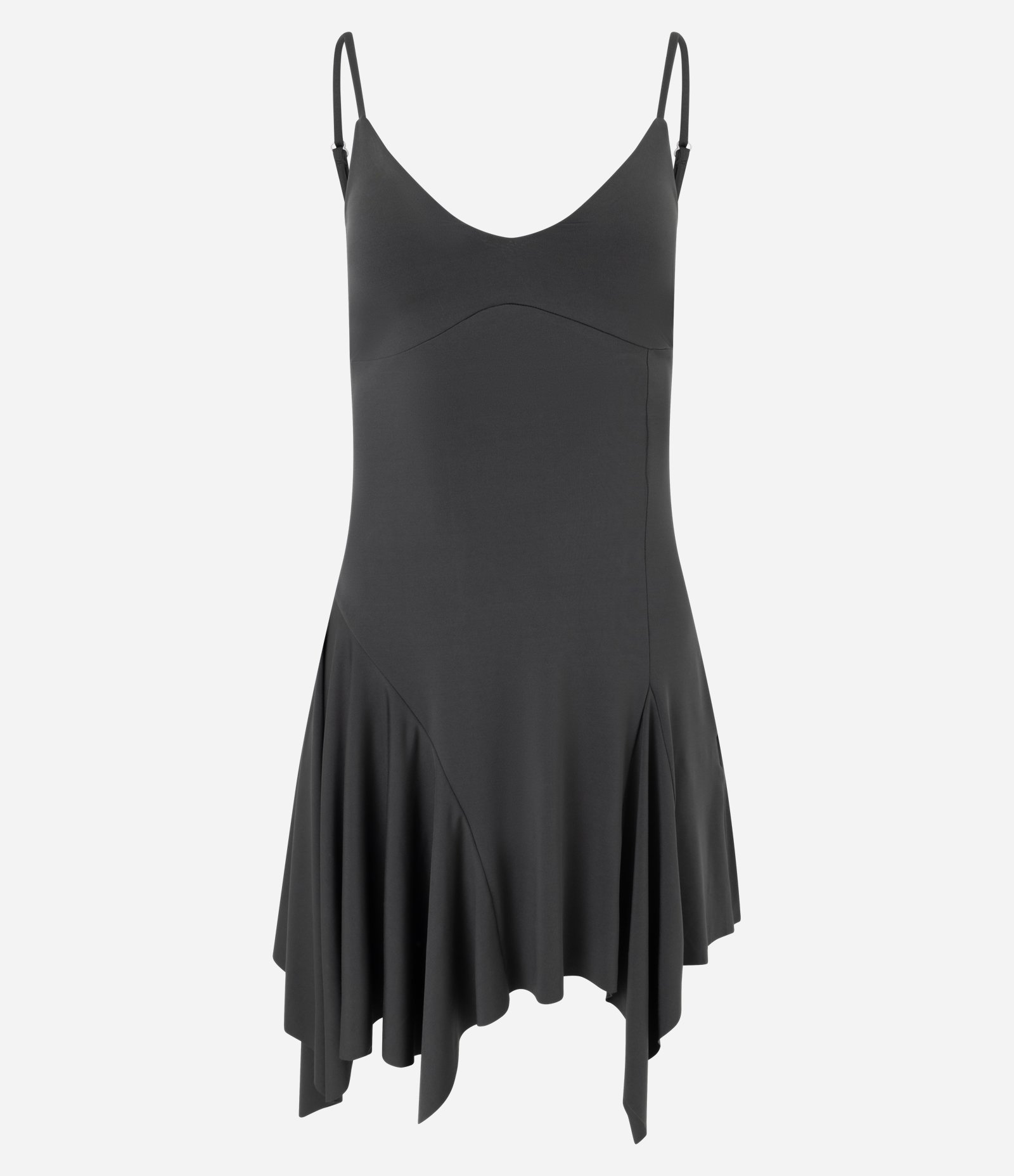 Vestido Curto em Microfibra com Alcinha e Barra Assimétrica Cinza Escuro 5