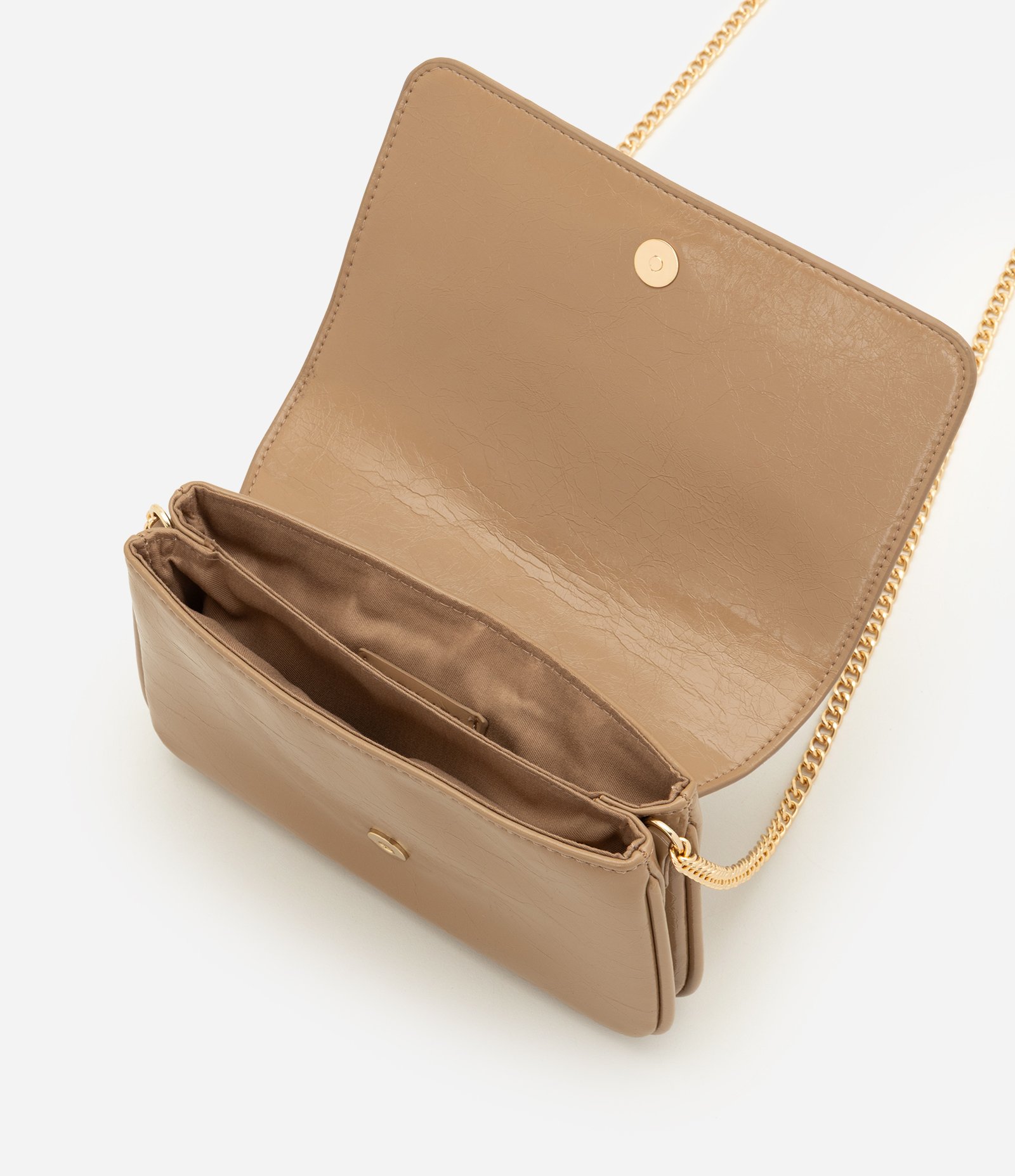 Bolsa Transversal Pequena em PU com Alça Corrente Bege 4