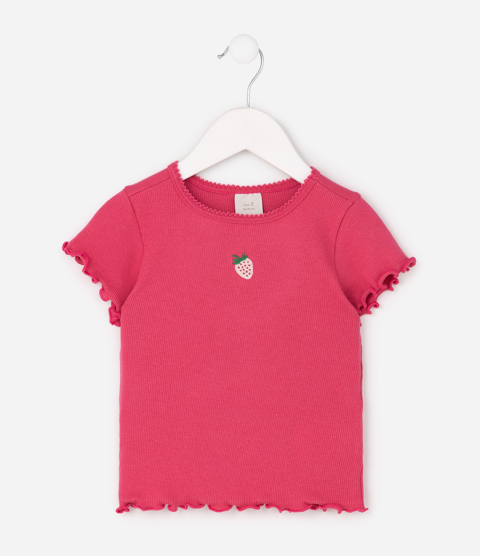 Camiseta Slim Infantil em Ribana com Bordado de Morango - Tam 1 a 6 Anos Rosa 1