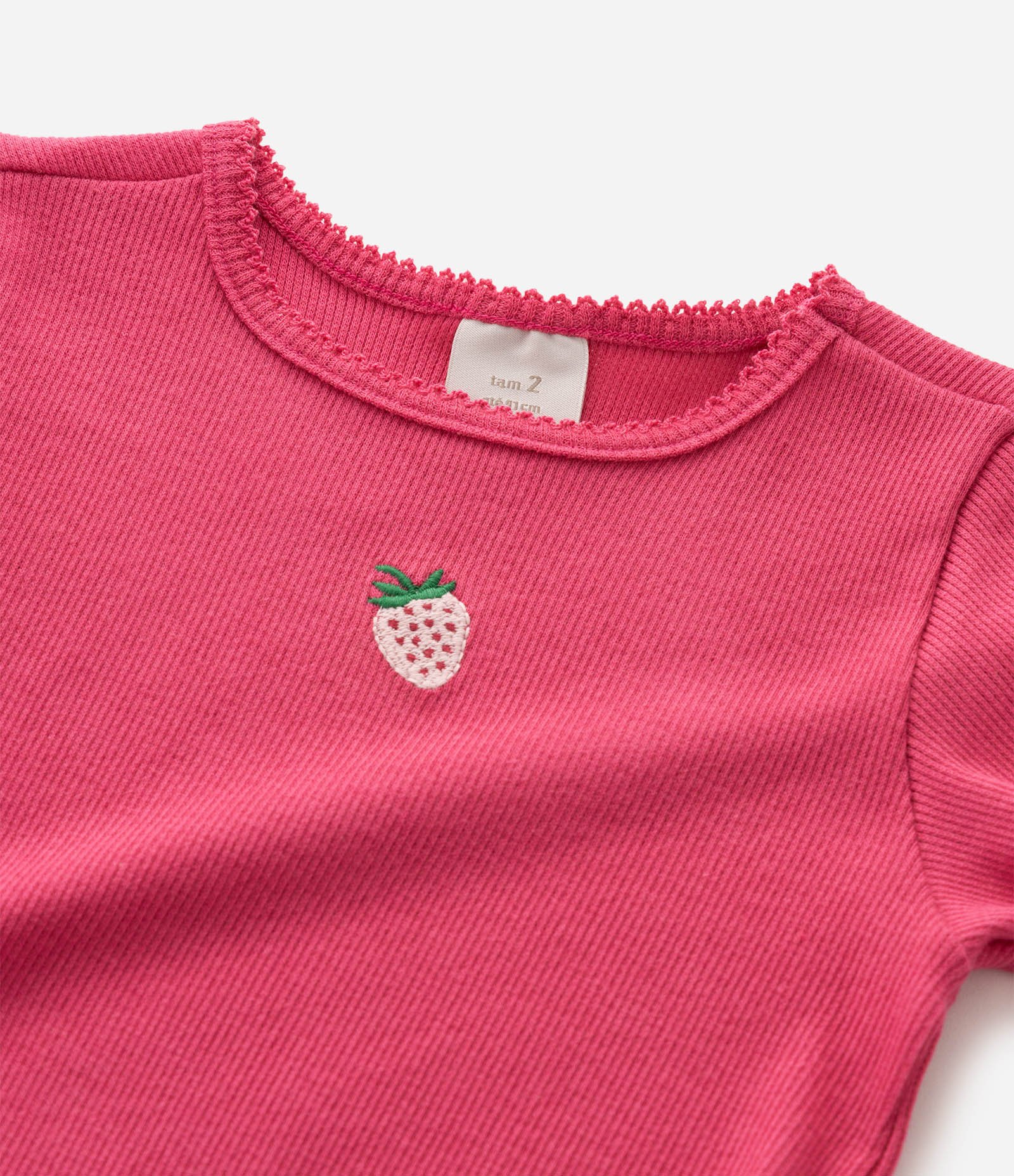 Camiseta Slim Infantil em Ribana com Bordado de Morango - Tam 1 a 6 Anos Rosa 4