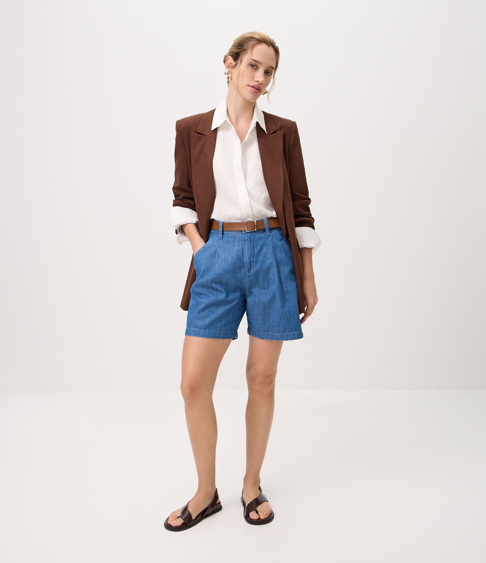 Short New Midi em Jeans Alfaiatado com Cinto Azul 2