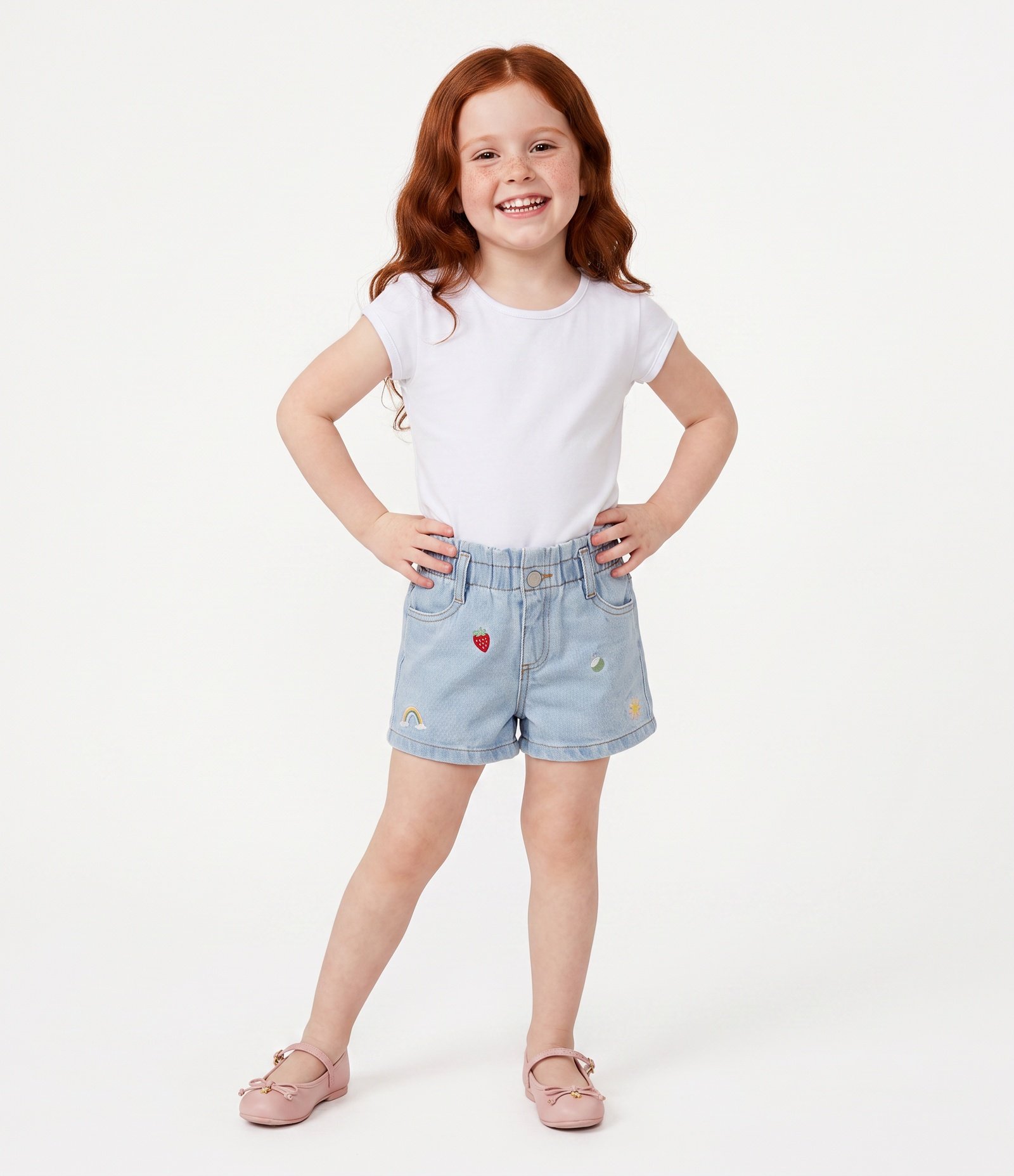 Shorts Jeans Infantil Com Bordadinhos Tropical -Tam 1 a 6 Anos Azul Médio 1