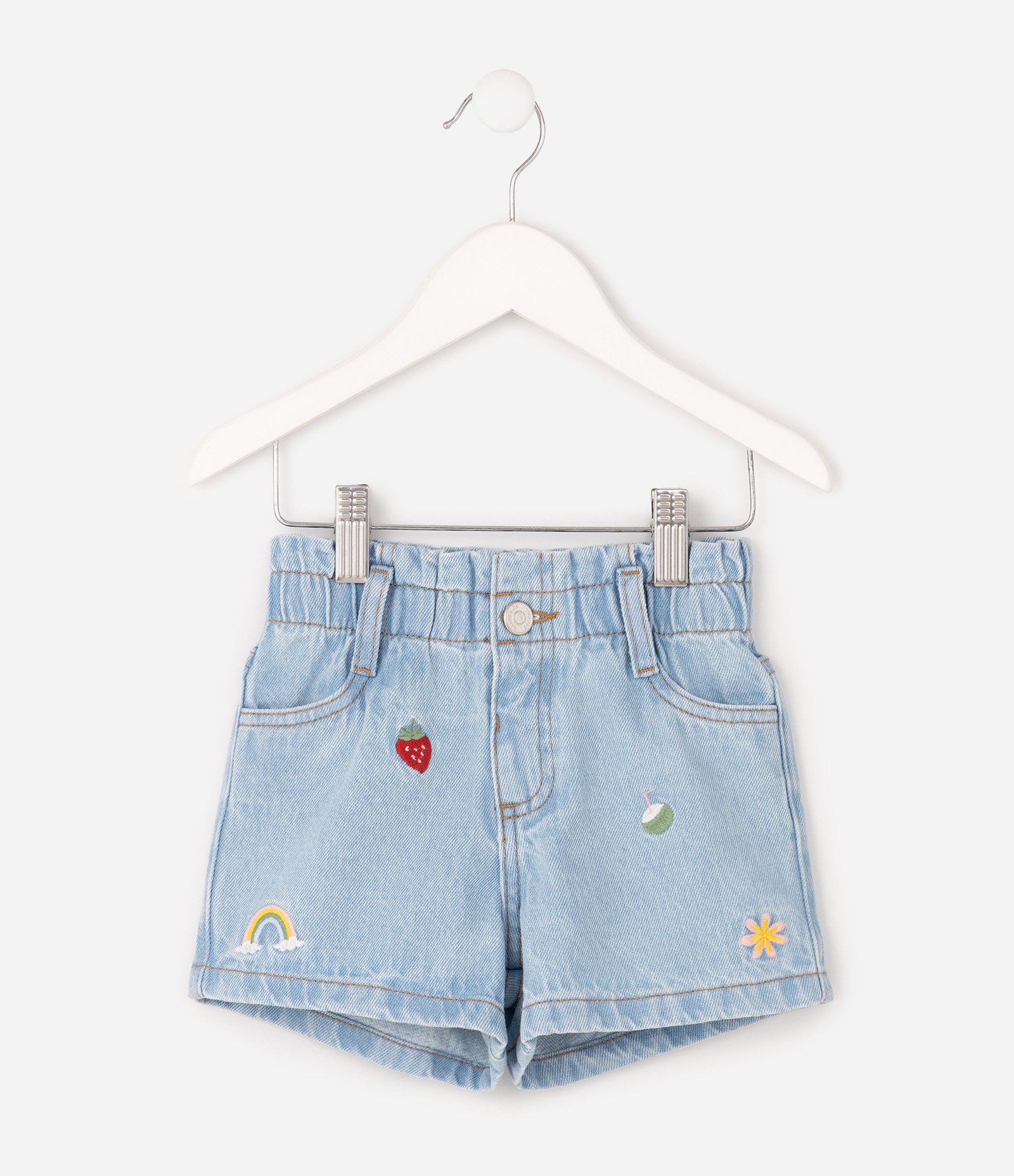 Shorts Jeans Infantil Com Bordadinhos Tropical -Tam 1 a 6 Anos Azul Médio 2