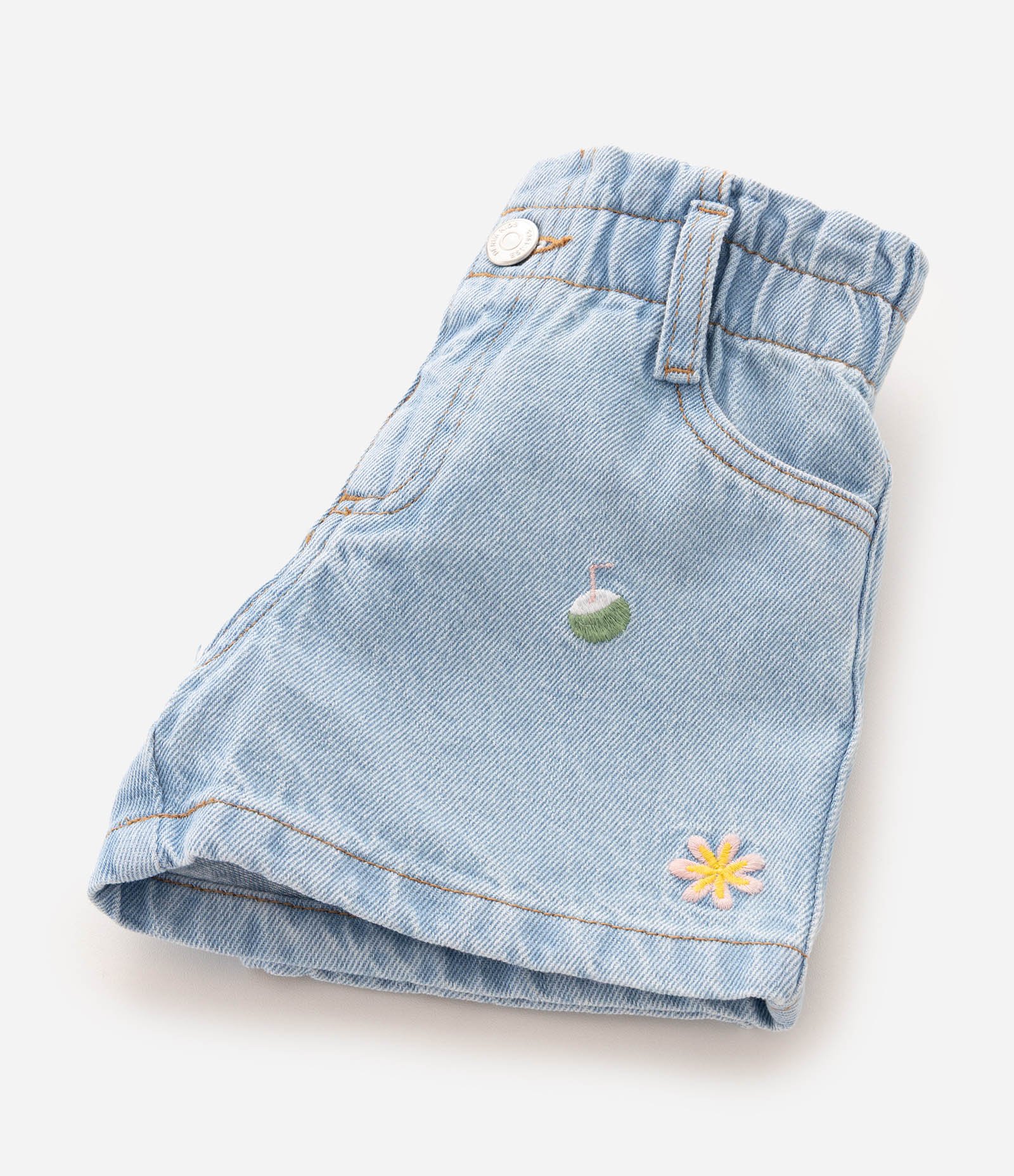 Shorts Jeans Infantil Com Bordadinhos Tropical -Tam 1 a 6 Anos Azul Médio 5