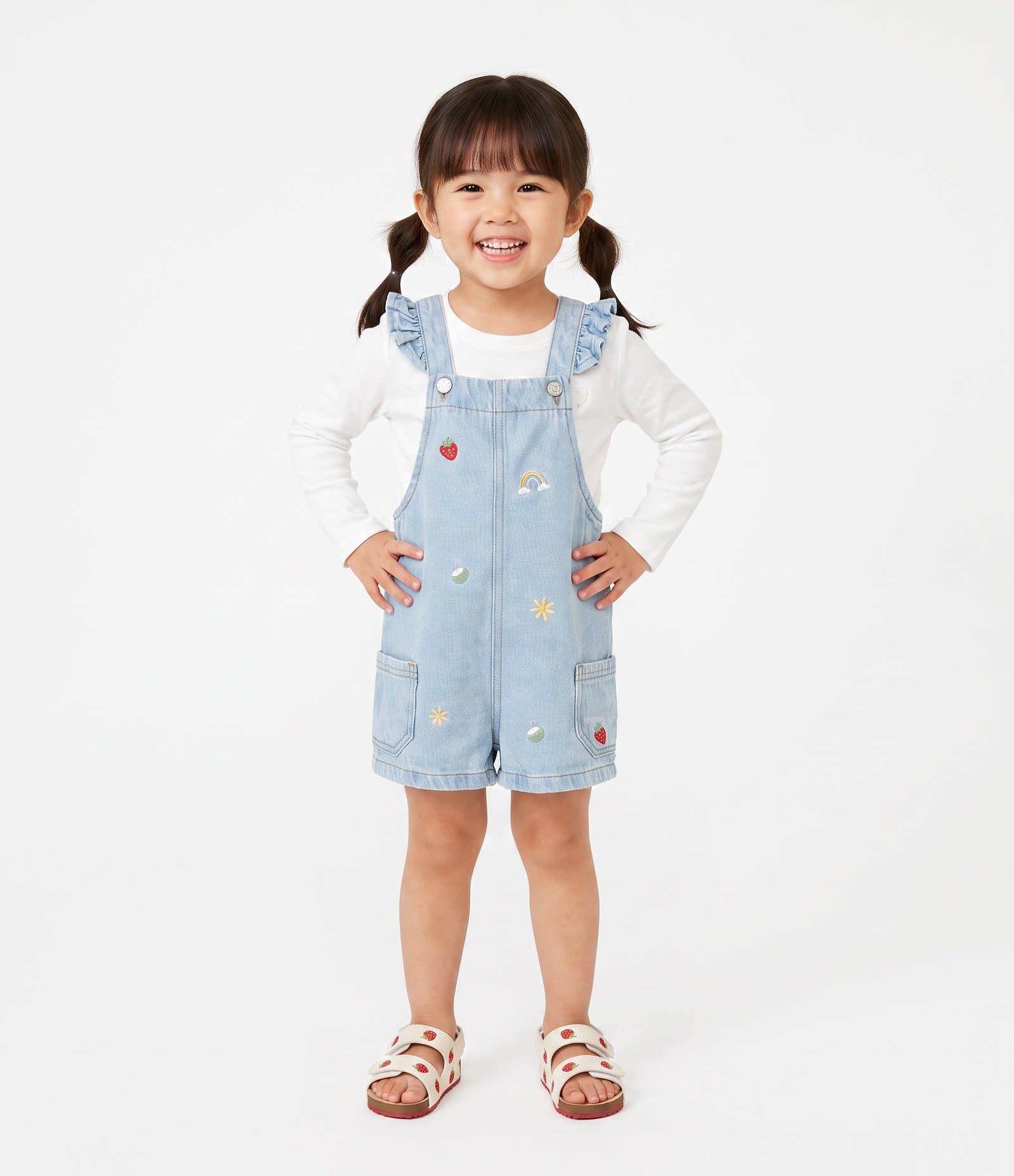 Macacão Jeans Infantil Com Mini Bordadinhos Tropical - Tam 1 a 6 Anos Azul 1