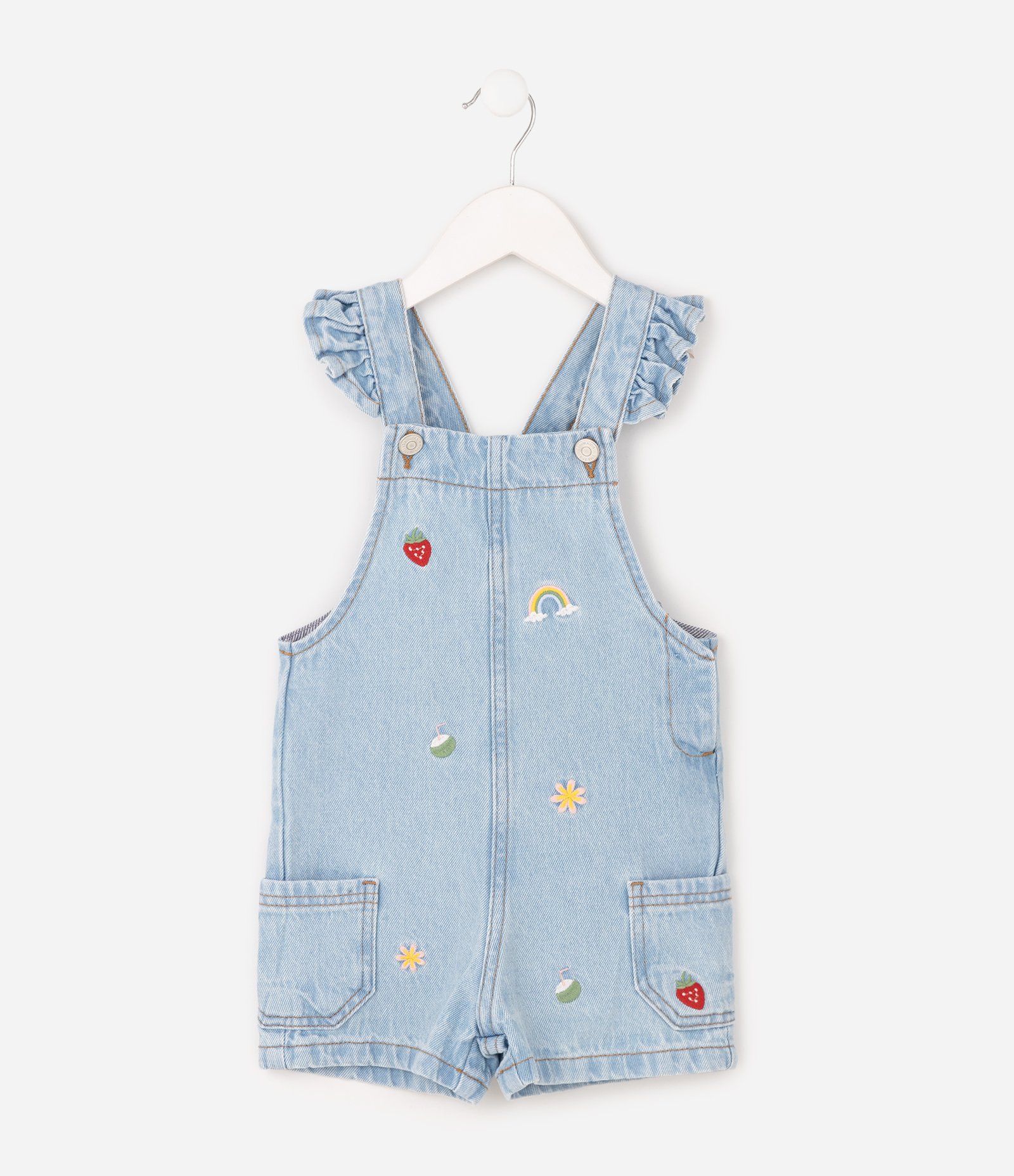 Macacão Jeans Infantil Com Mini Bordadinhos Tropical - Tam 1 a 6 Anos Azul 2