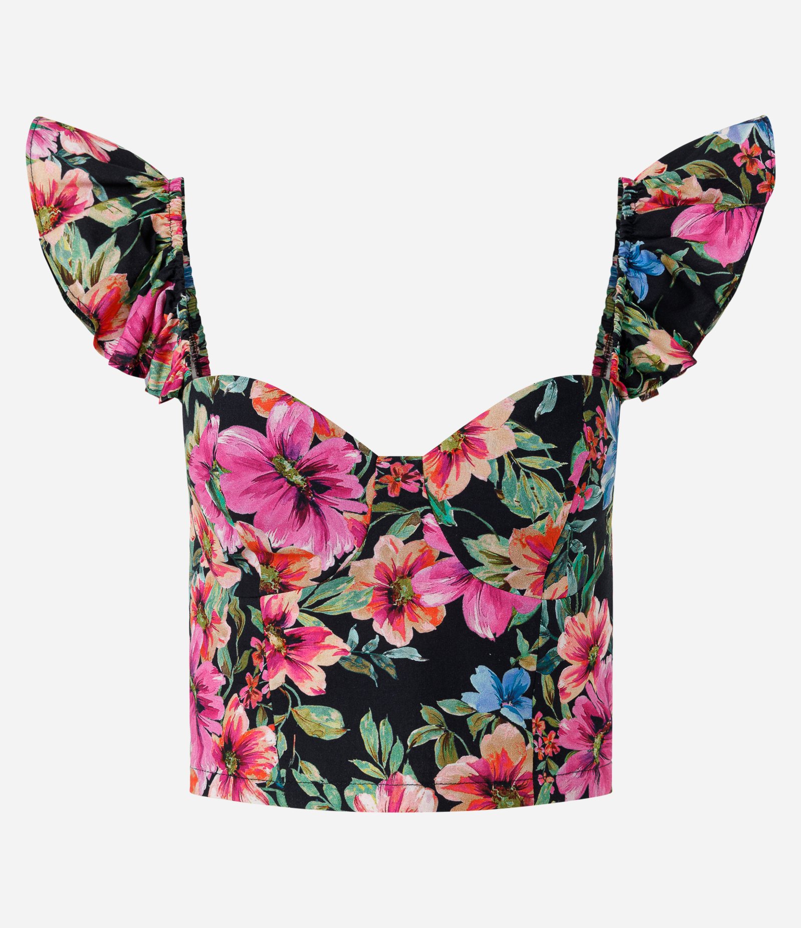 Blusa em Tricoline com Estampa Floral e Alças com Babados Preto 6