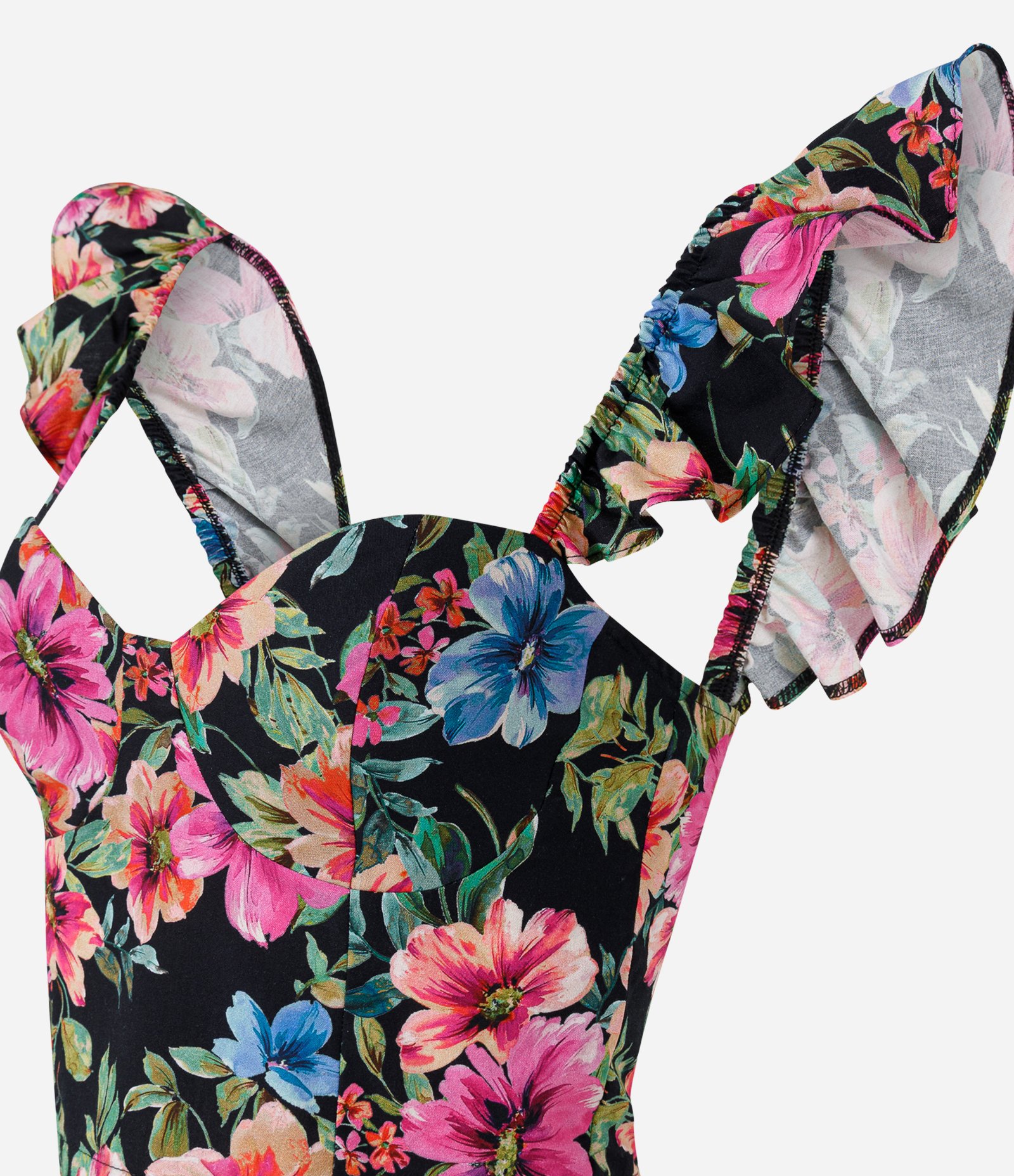 Blusa em Tricoline com Estampa Floral e Alças com Babados Preto 7