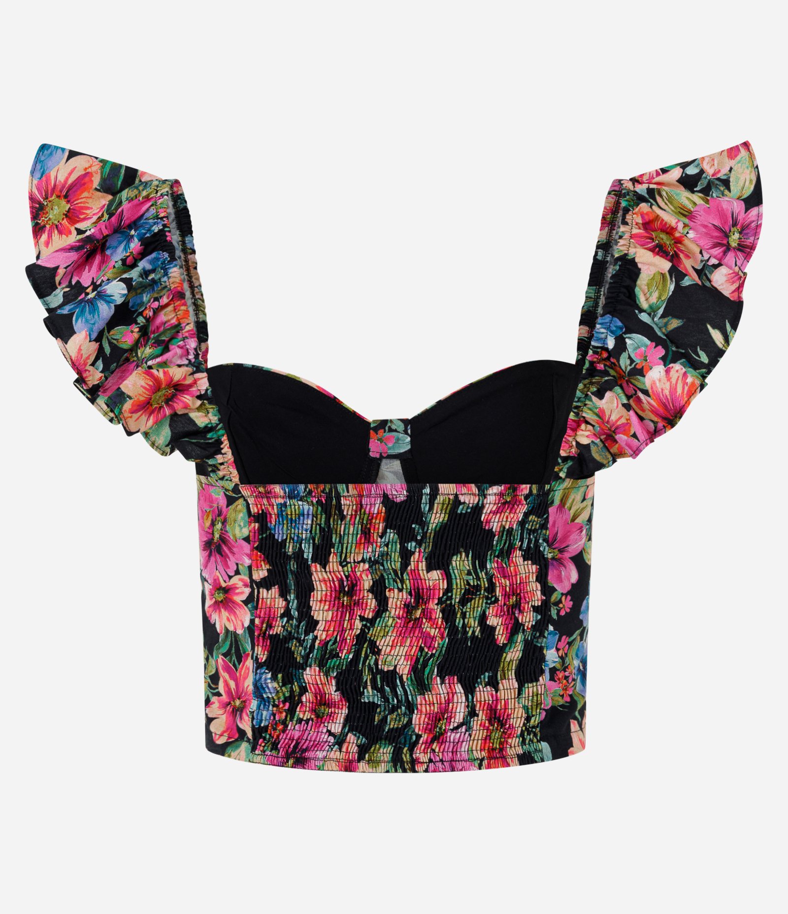 Blusa em Tricoline com Estampa Floral e Alças com Babados Preto 8