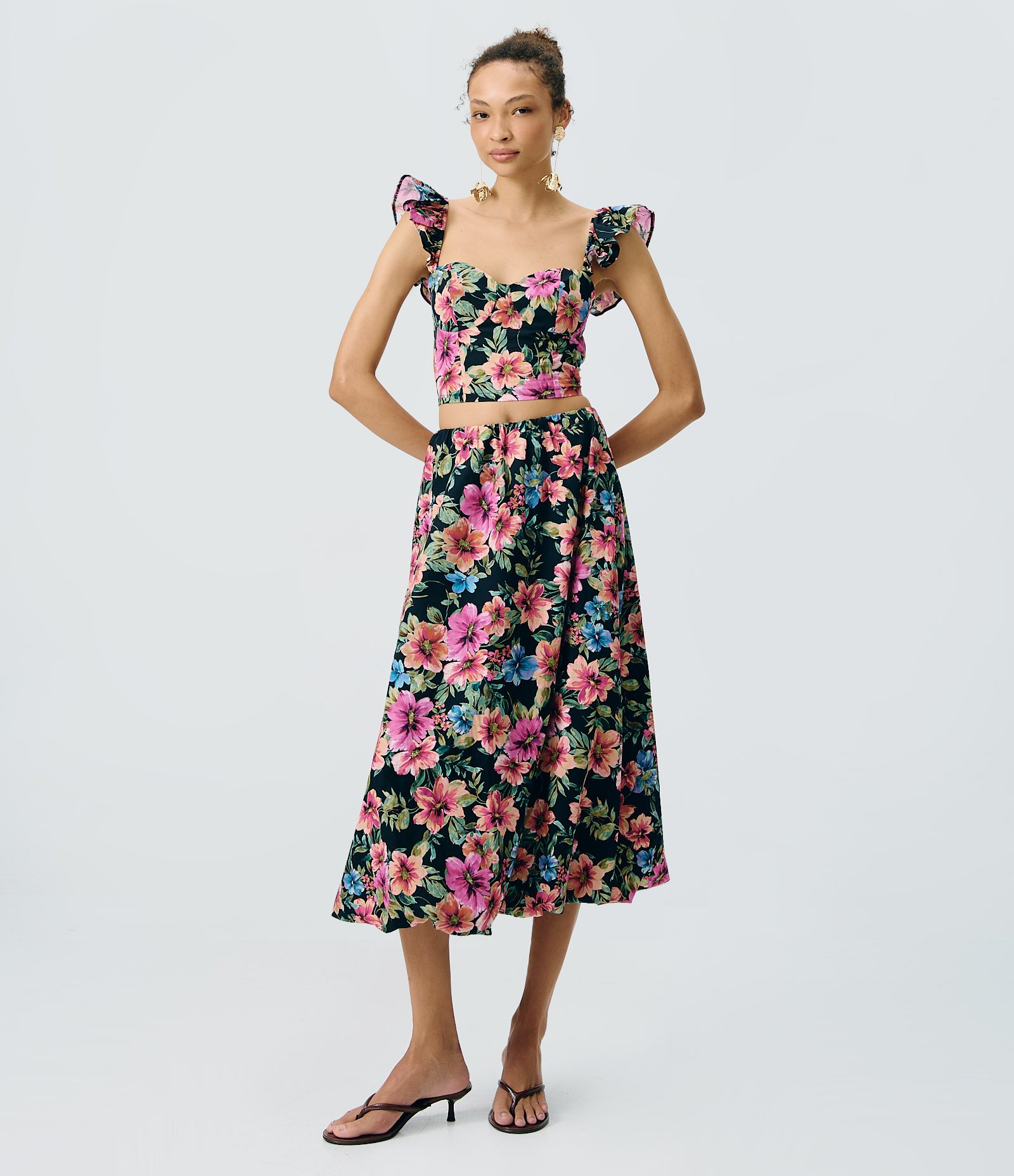 Saia Midi em Tricoline com Estampa Floral Tropical Preto 1
