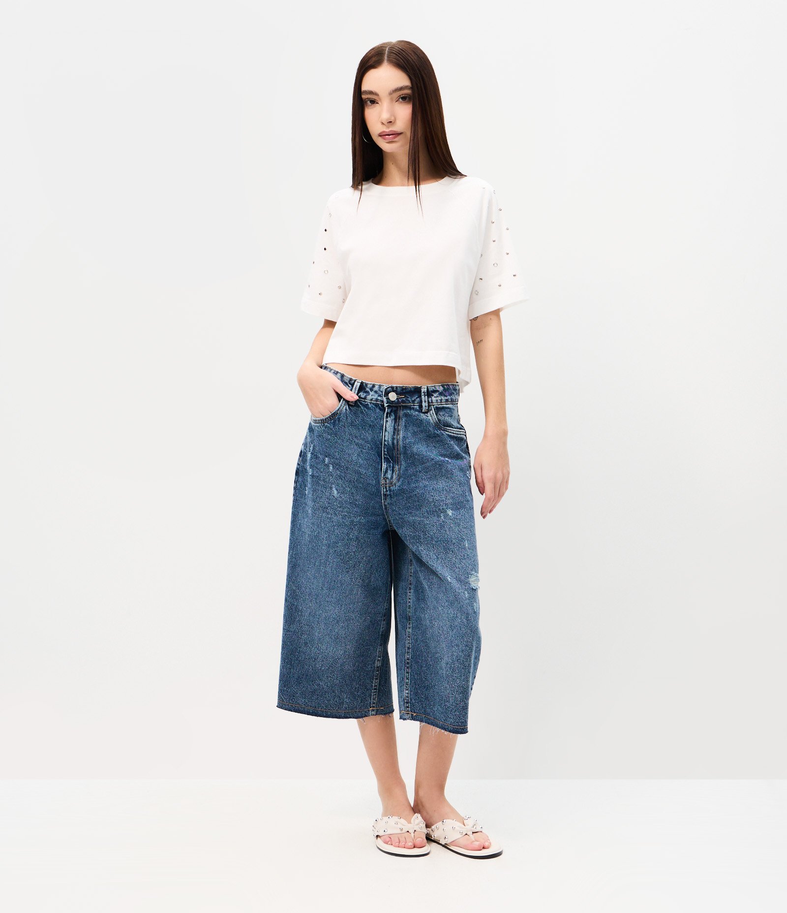 Bermuda Jorts em Jeans com Puídos Azul Escuro 1