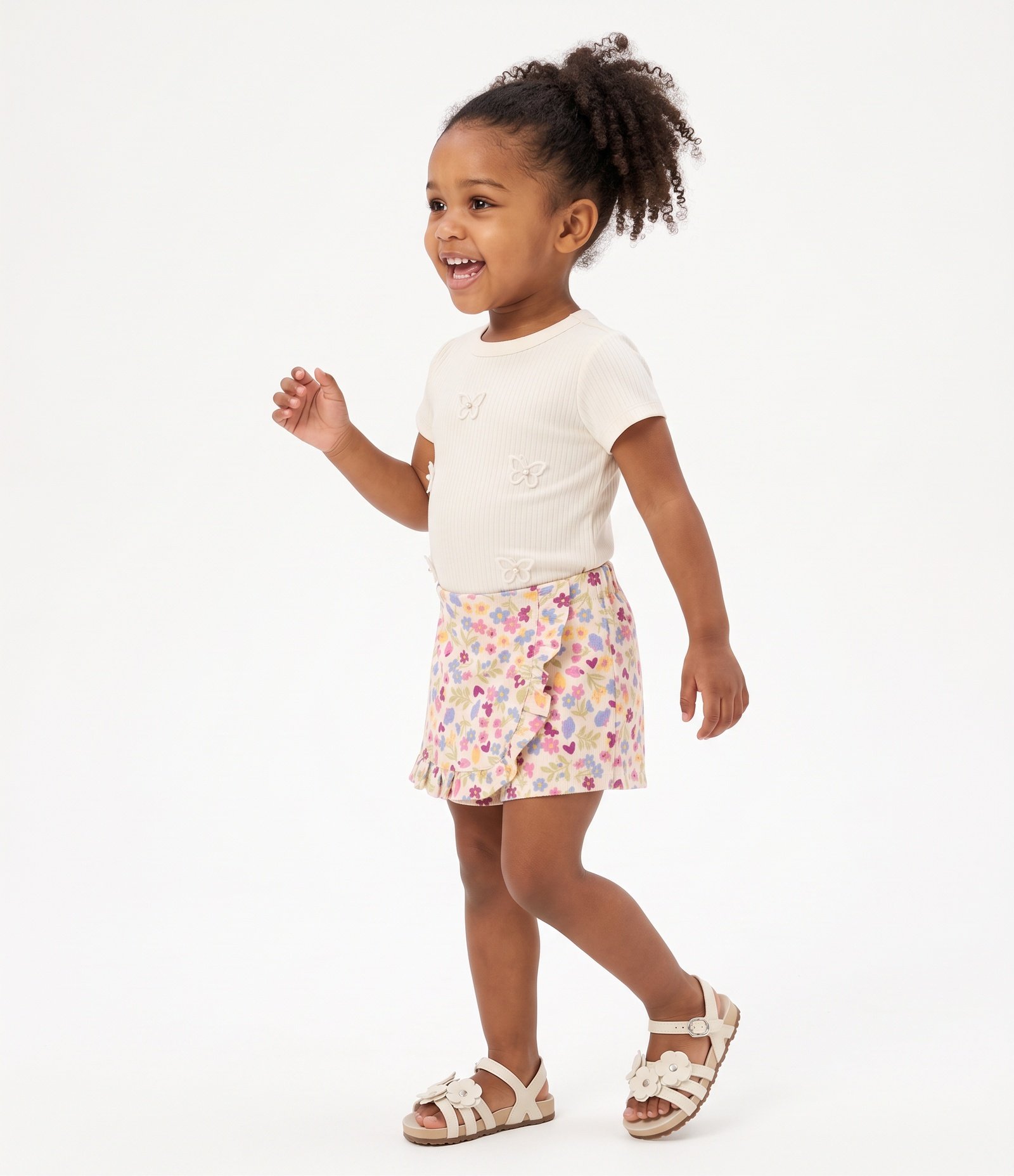 Short Saia Infantil Em Cotton Com Babadinho Floral - Tam 1 a 6 Anos Bege 2