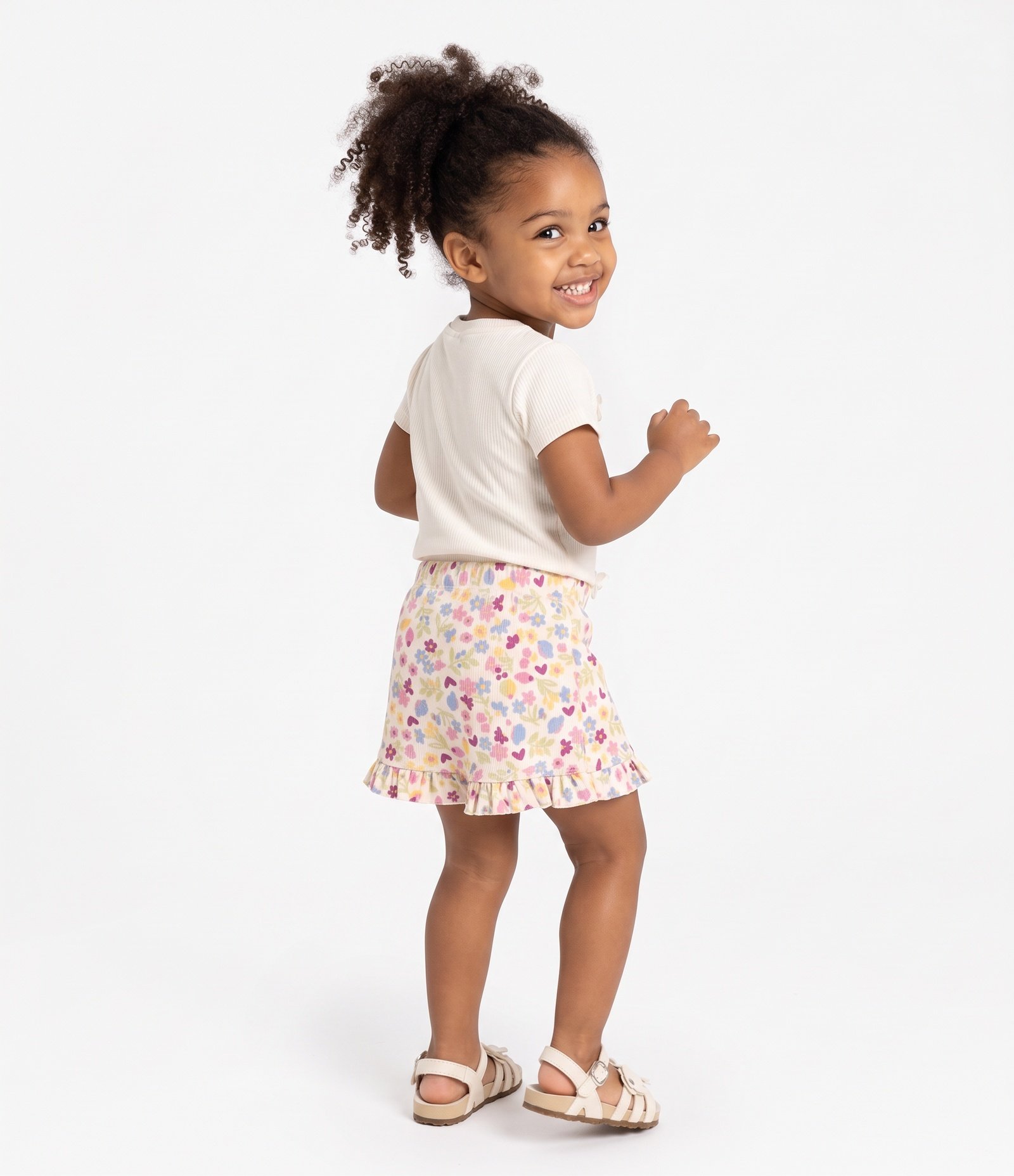 Short Saia Infantil Em Cotton Com Babadinho Floral - Tam 1 a 6 Anos Bege 3