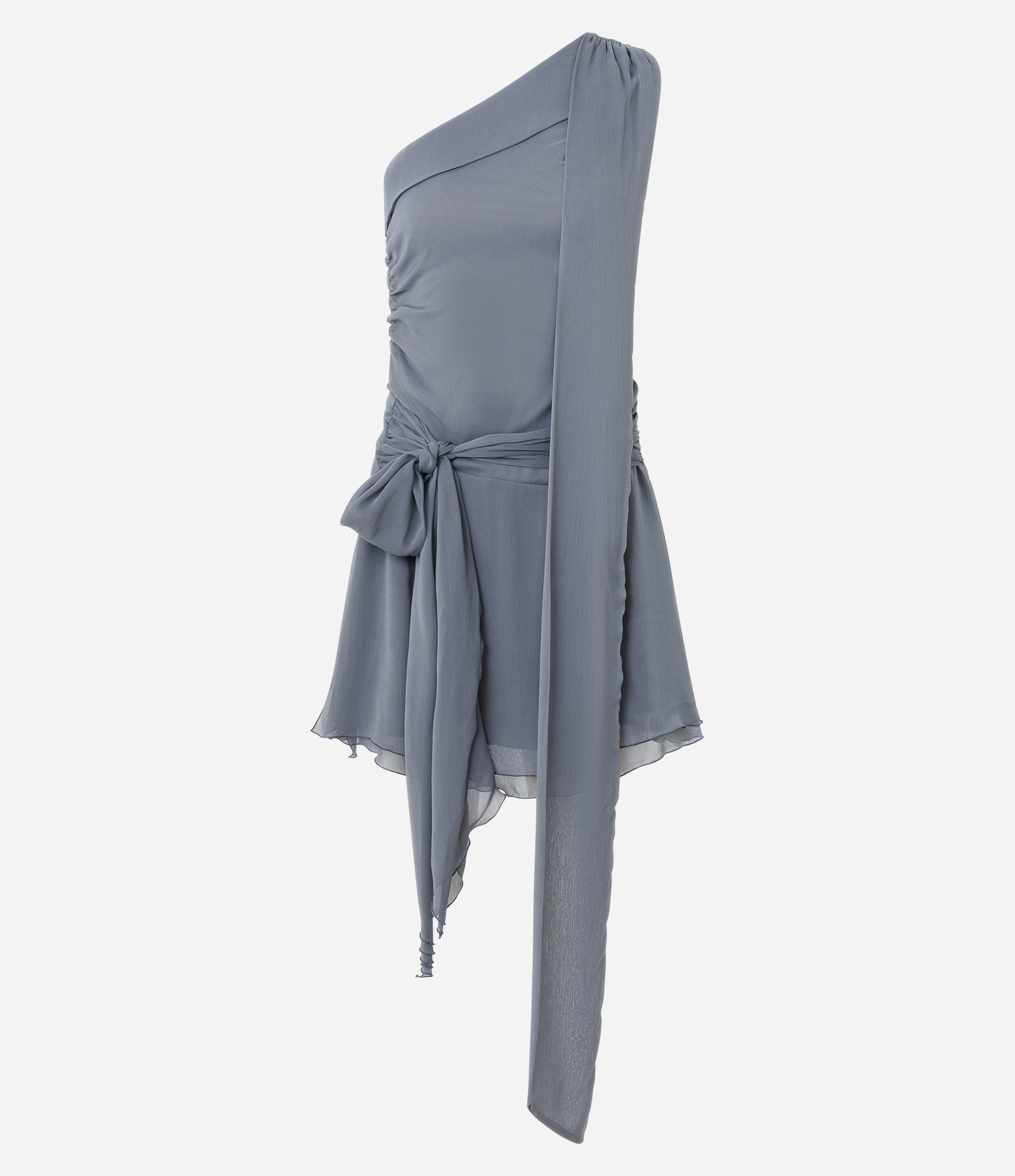 Vestido Ombro Único em Chiffon com Faixa de Amarração Cinza 5