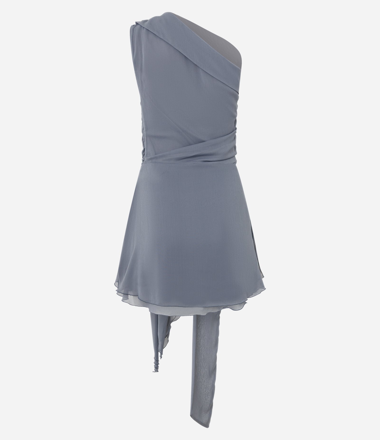 Vestido Ombro Único em Chiffon com Faixa de Amarração Cinza 6