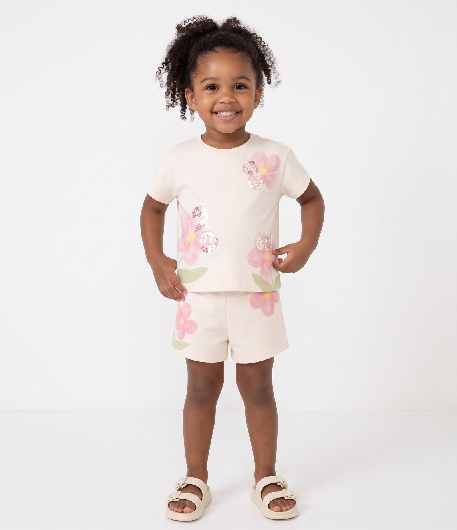 Conjunto Infantil Em Algodão Flores Aquareladas Com Paetê Na Blusa - Tam 1 a 6 Anos Rosa 1