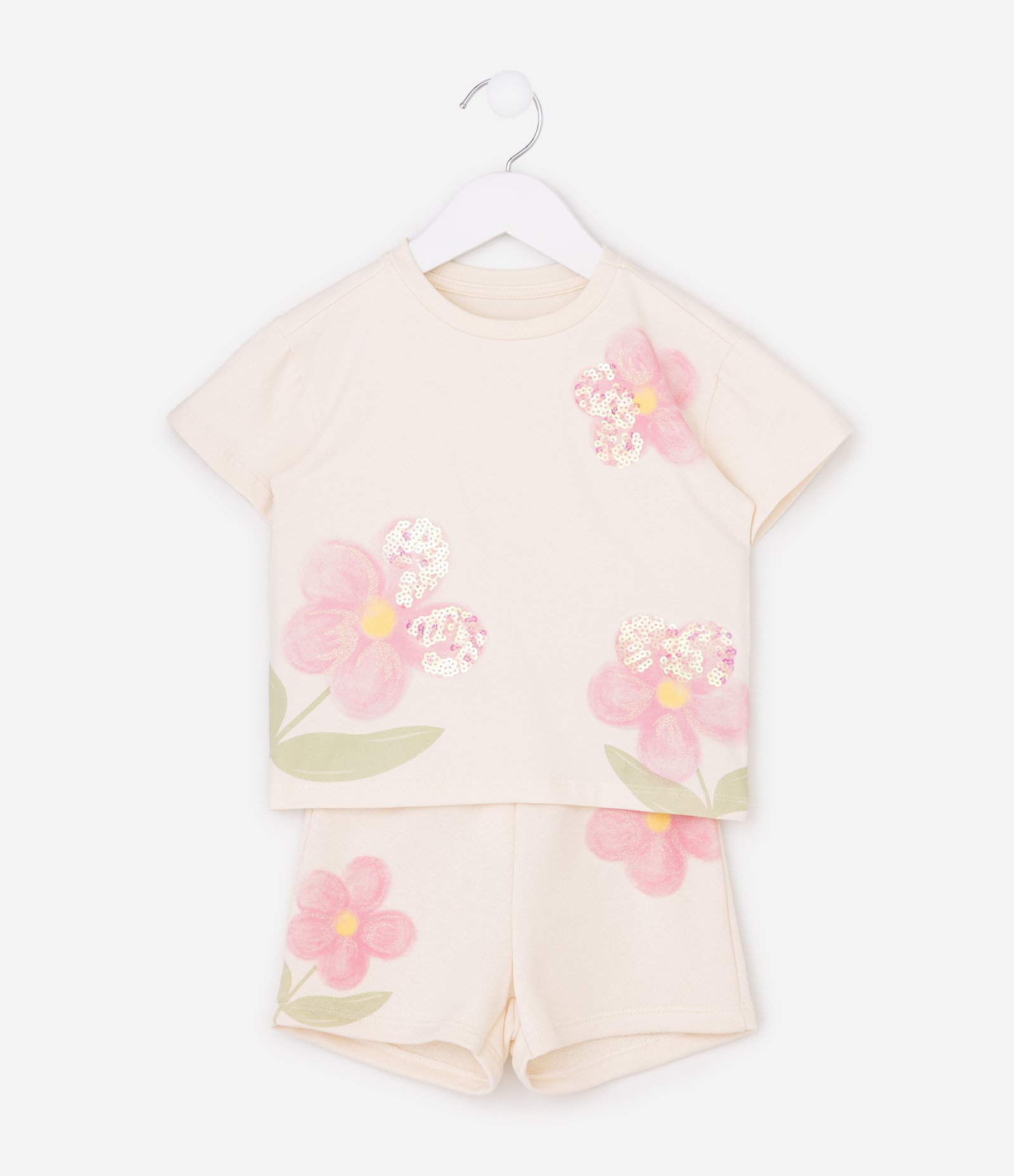 Conjunto Infantil Em Algodão Flores Aquareladas Com Paetê Na Blusa - Tam 1 a 6 Anos Rosa 7