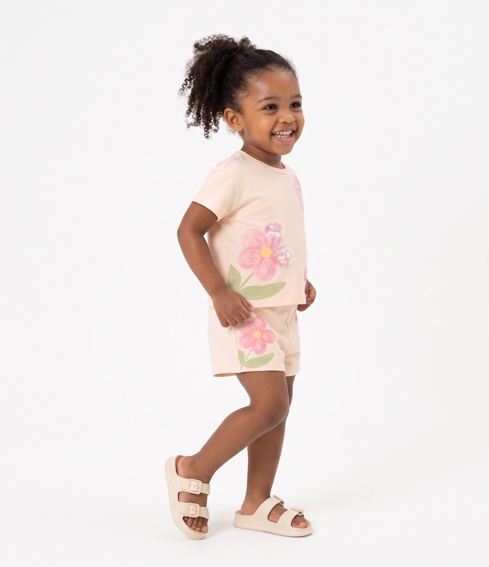 Conjunto Infantil Em Algodão Flores Aquareladas Com Paetê Na Blusa - Tam 1 a 6 Anos Rosa 2