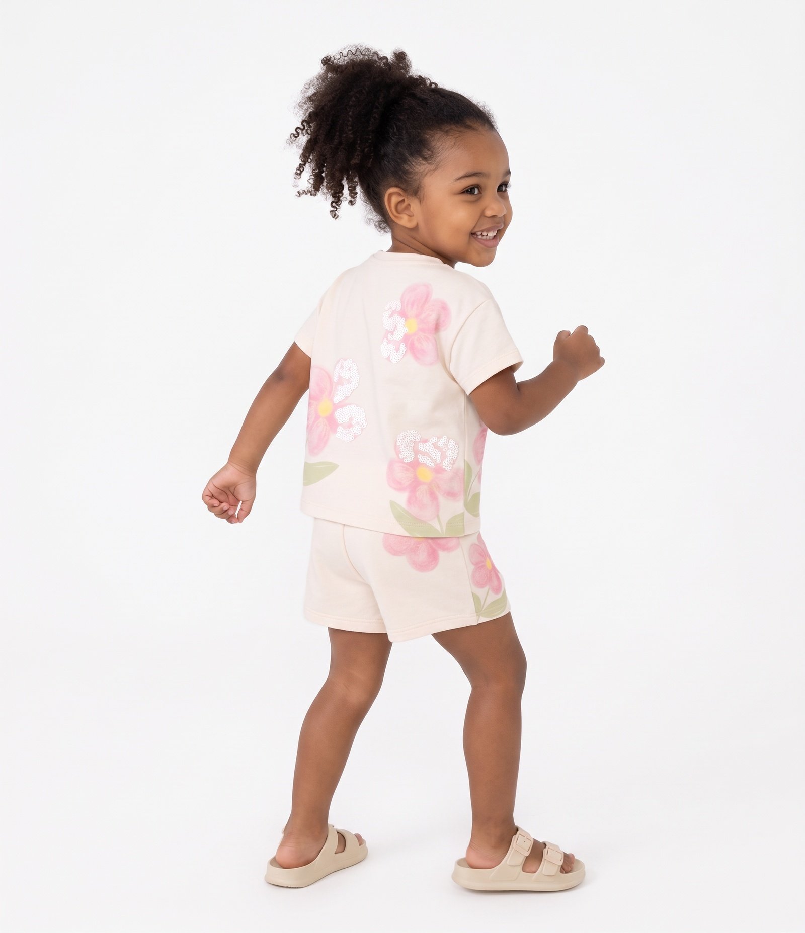 Conjunto Infantil Em Algodão Flores Aquareladas Com Paetê Na Blusa - Tam 1 a 6 Anos Rosa 3