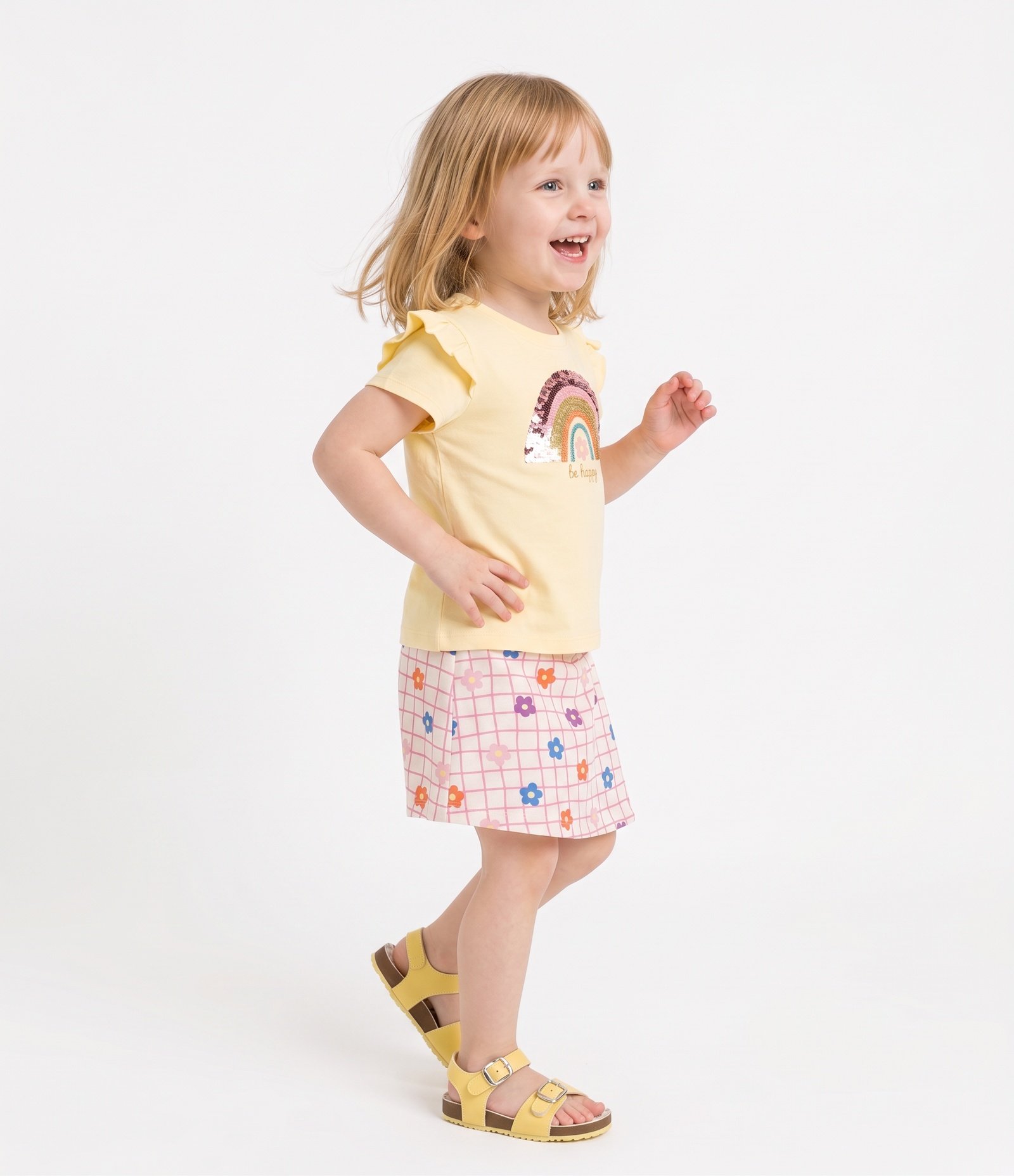 Conjunto Infantil Poim Blusa Manga Curta e Short Saia Arco-Íris Tam 1 a 6 Anos Amarelo 2